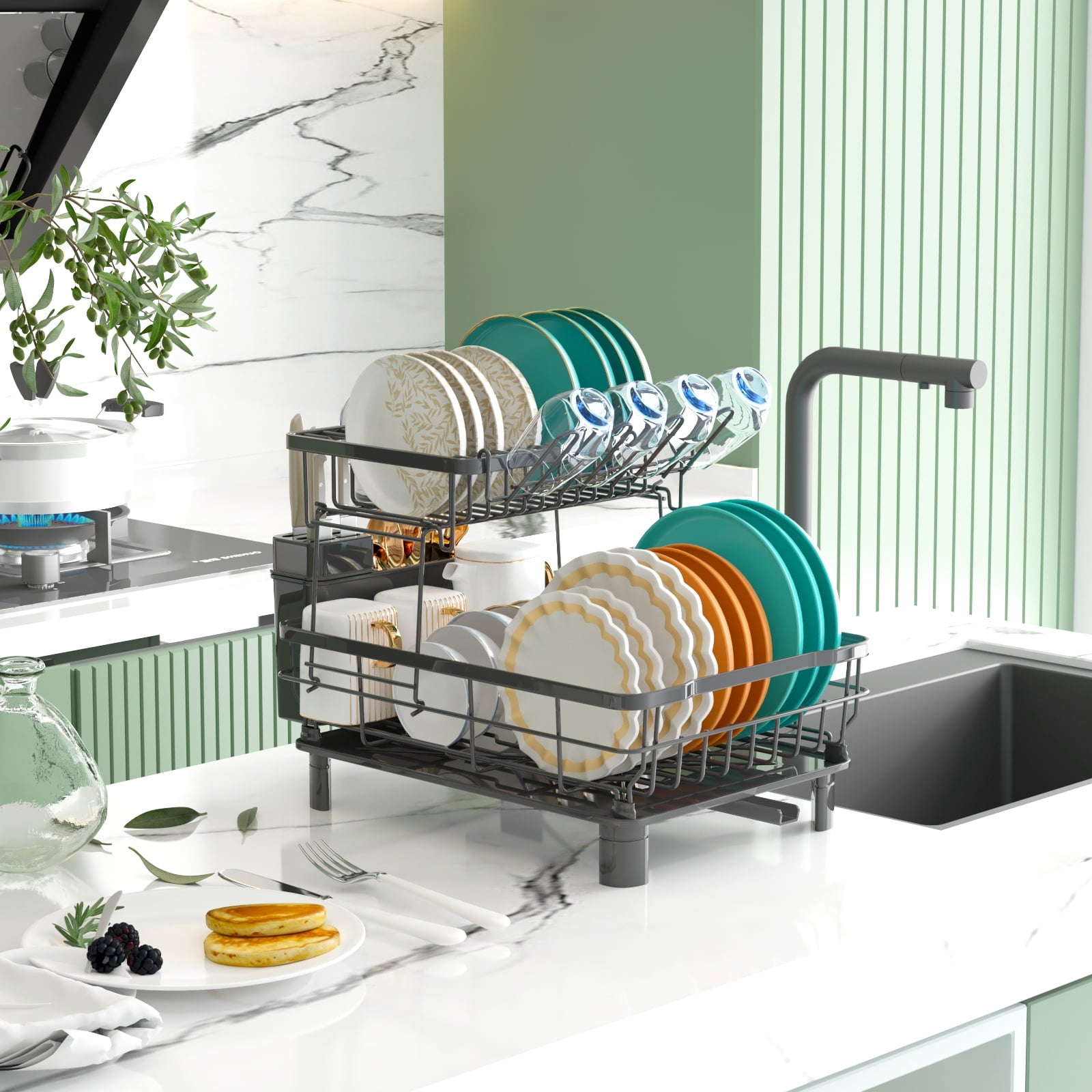 Fenbeli 2-Tier Dish Drying Rack with Drainboard, Rustproof Dish Rack with Utensil Holder & Swivel Spout, Large Kitchen Dish Drainer for Counter
