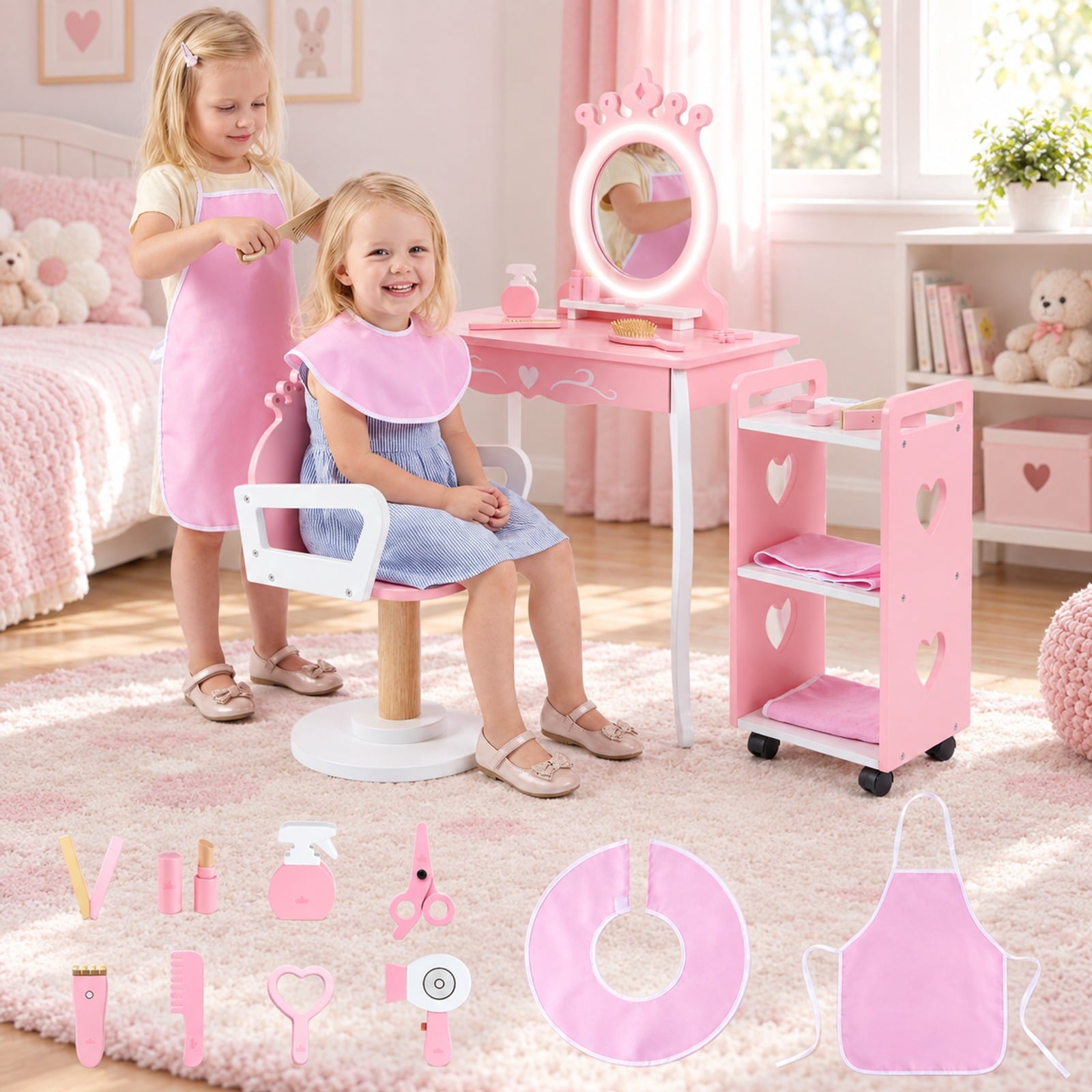 Fenbeli Kids Hair Salon Play Set with LED Lighted Mirror Wooden Pretend Hair Salon Station with Swivel Barber Chair, 66 lbs Capacity, Pink
