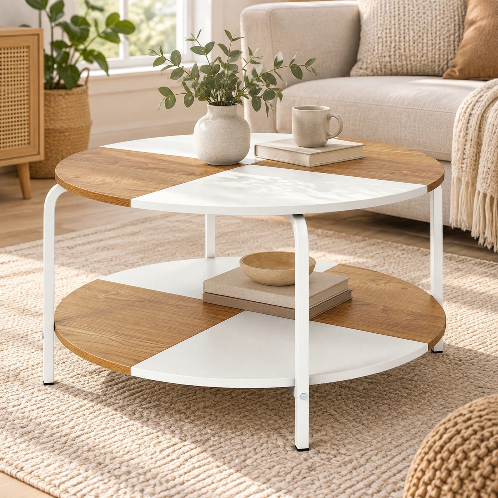 Fenbeli 2-Tier Round Coffee Table Metal Frame with Storage Shelf-Natural and White, 220 lbs Capacity, Engineered Wood Metal Frame, Coffee
