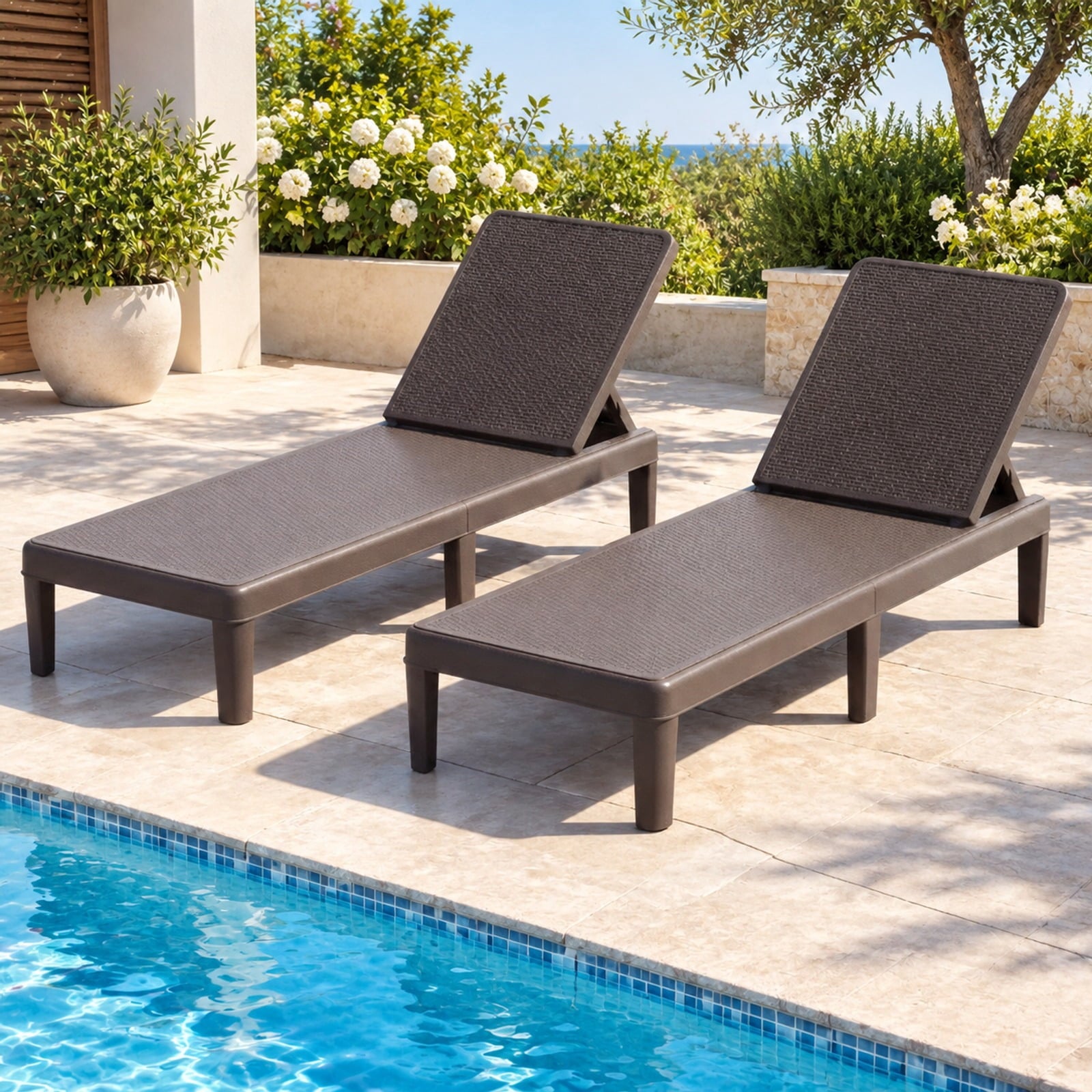 Fenbeli Outdoor Chaise Lounger Chair with Waterproof Rattan Textured PP Surface and 330 lbs Capacity, 330 lbs Capacity, PP Frame, Brown