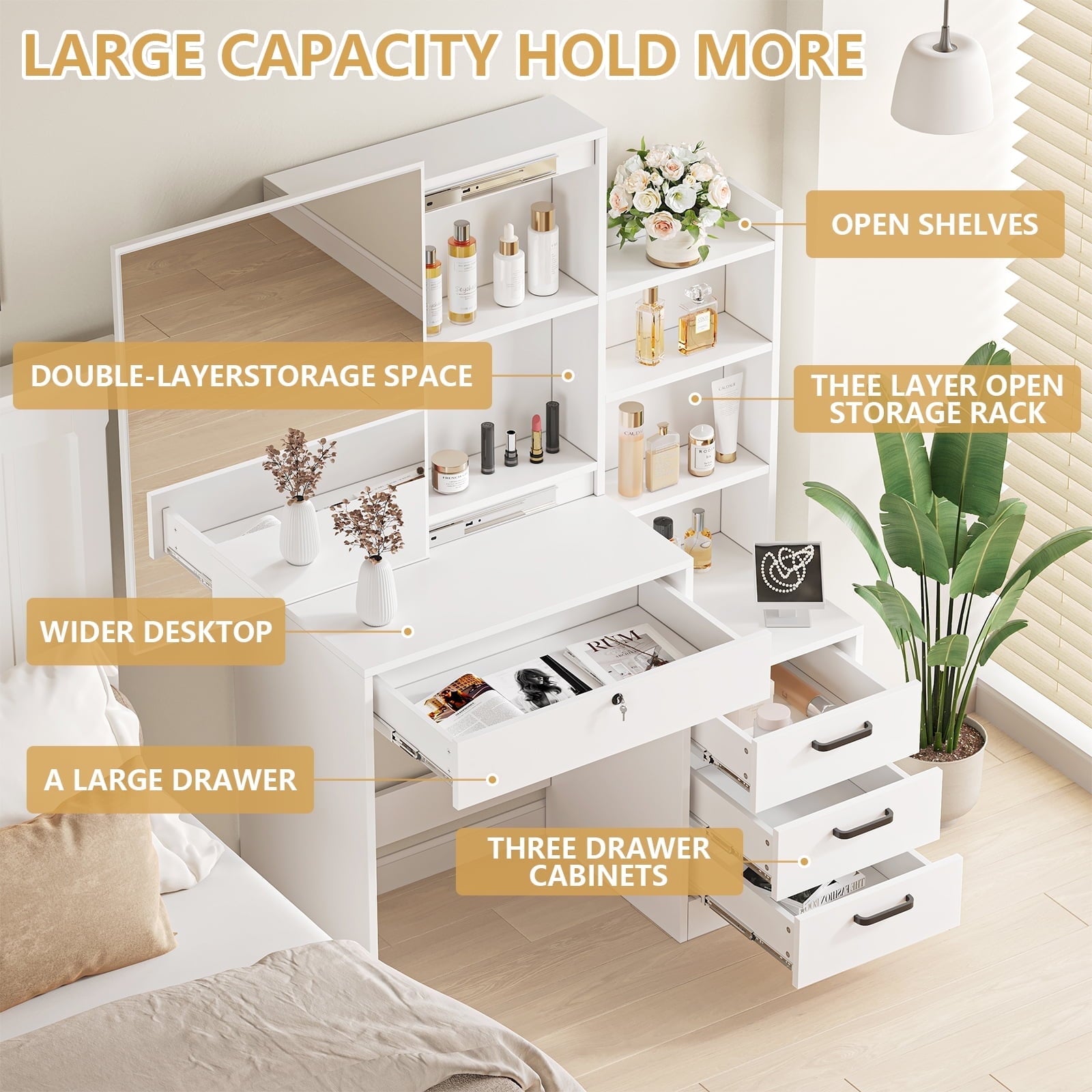 Fenbeli White Lighted Makeup Vanity Table with Sliding Sliding Mirror, Modern Dressing Table Desk with Storage for Bedroom