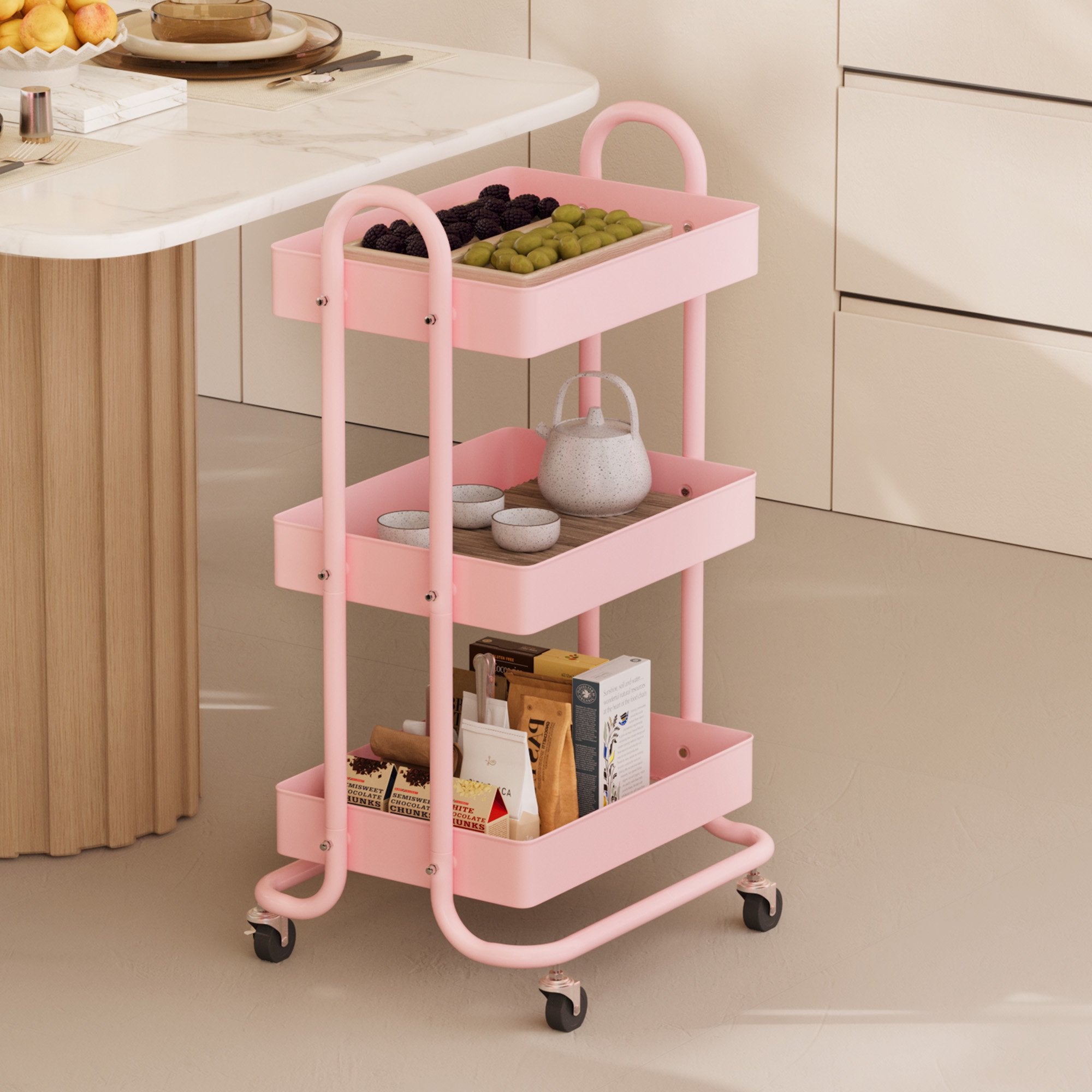 Fenbeli 3-Tier Metal Rolling Utility Cart with Wheels, pink, 18L x 13.4W x 31H