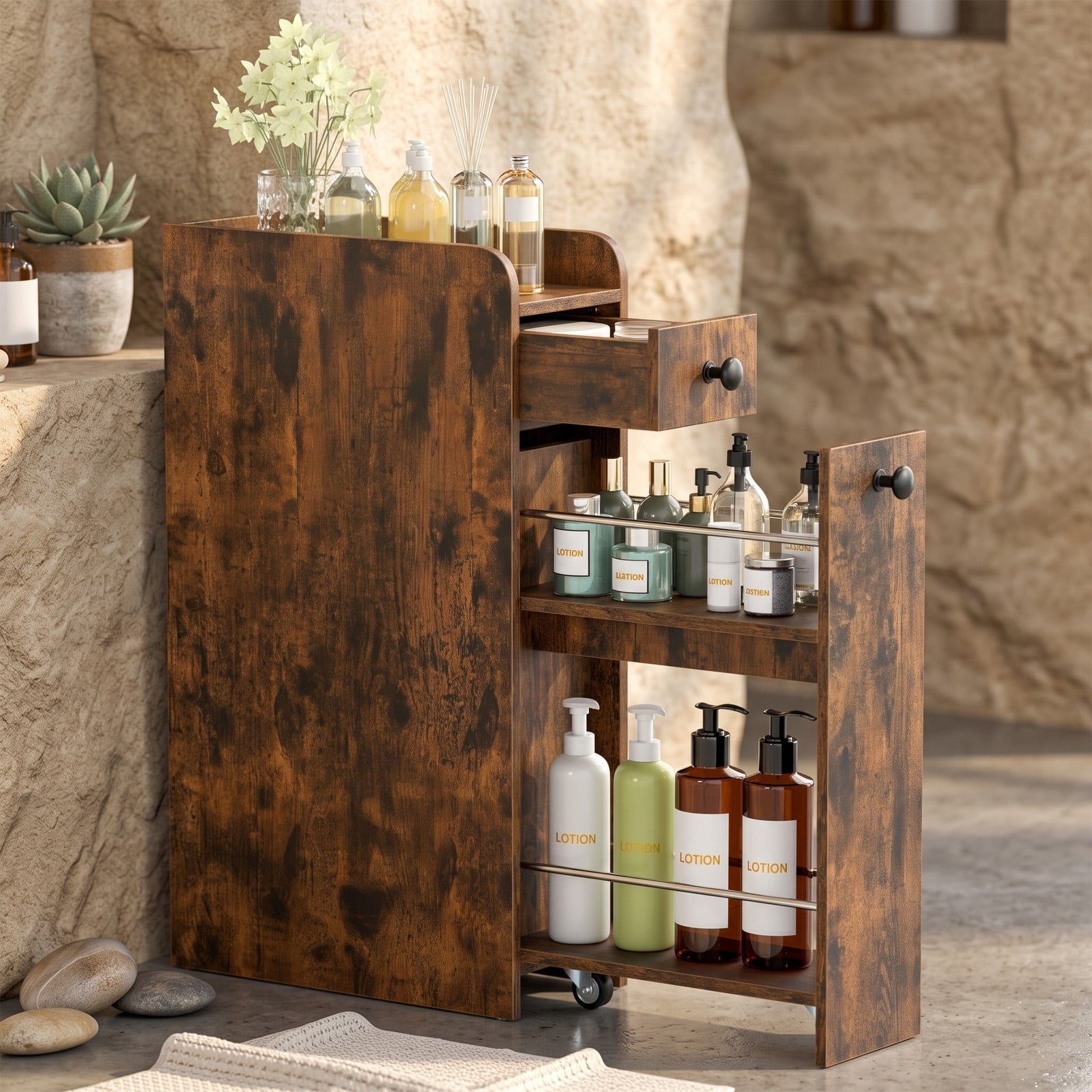 Fenbeli Small Bathroom Storage Cabinet, 4-Tier Narrow Slim Rolling Organizer with 3 Slide Out Drawers on Casters, Freestanding Storage Tower for Bathroom, Brown