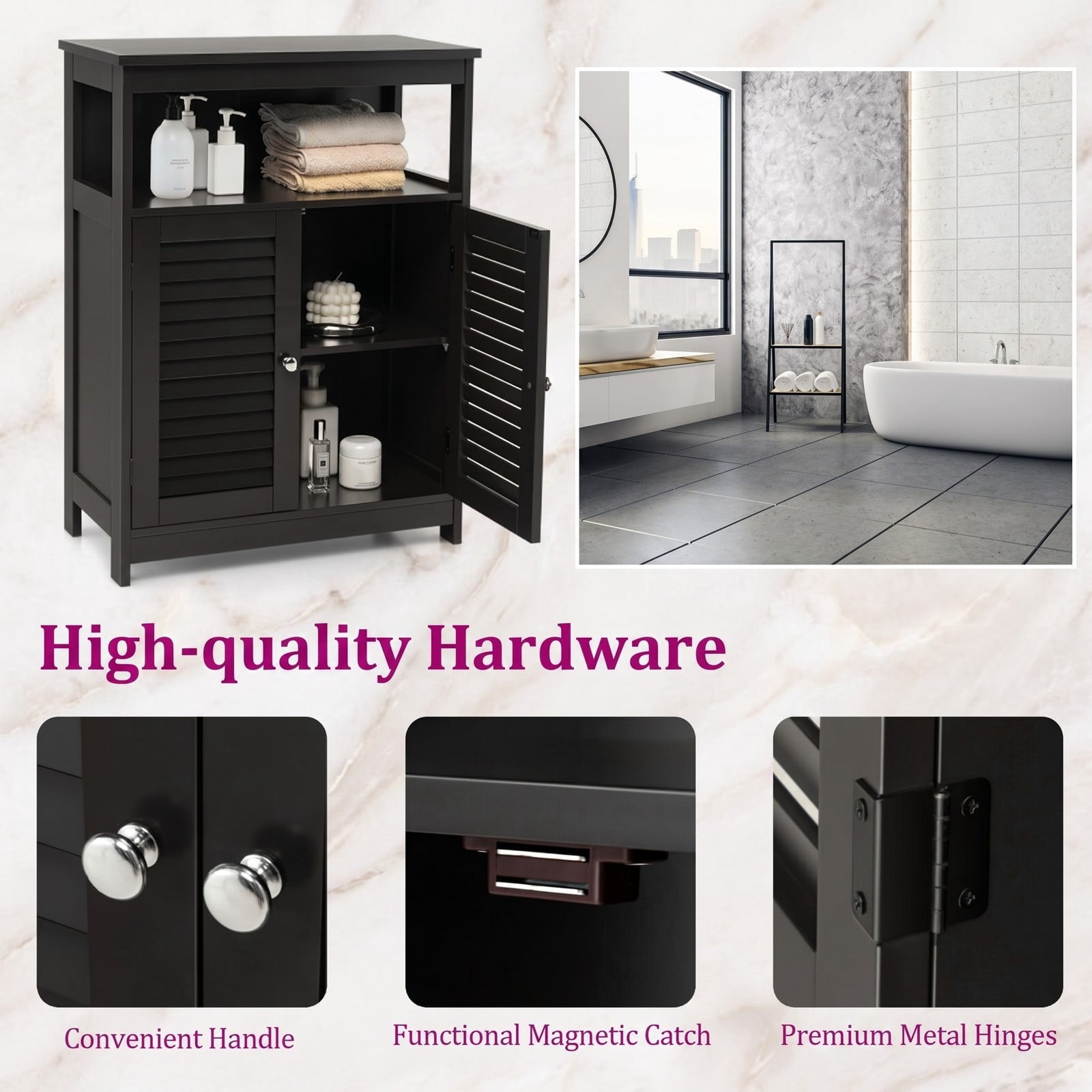 Fenbeli Wood Freestanding Bathroom Storage Cabinet, Double Shutter Doors with Adjustable Inner Shelf and Anti-Tipping Device, Floor Organizer Cabinet for, Black