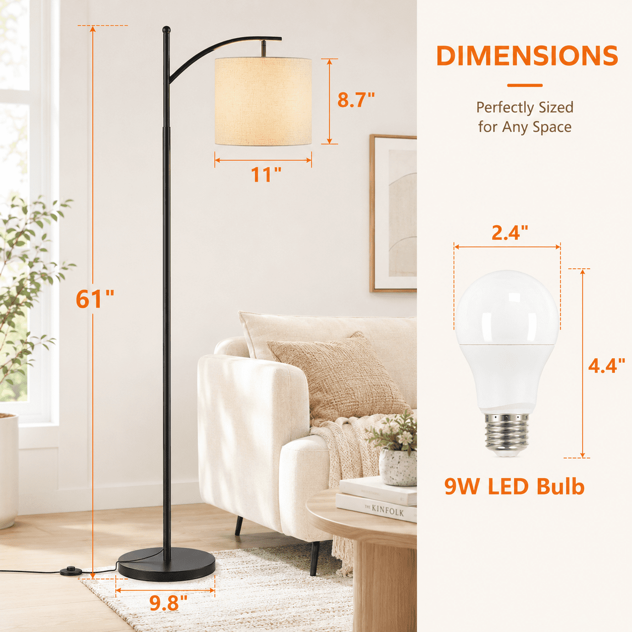 Fenbeli 61 Arc Floor Lamp with 3 Color Temperature LED Bulb, Adjustable Linen Shade and Foot Switch for Living Room, Bedroom and Office, Black