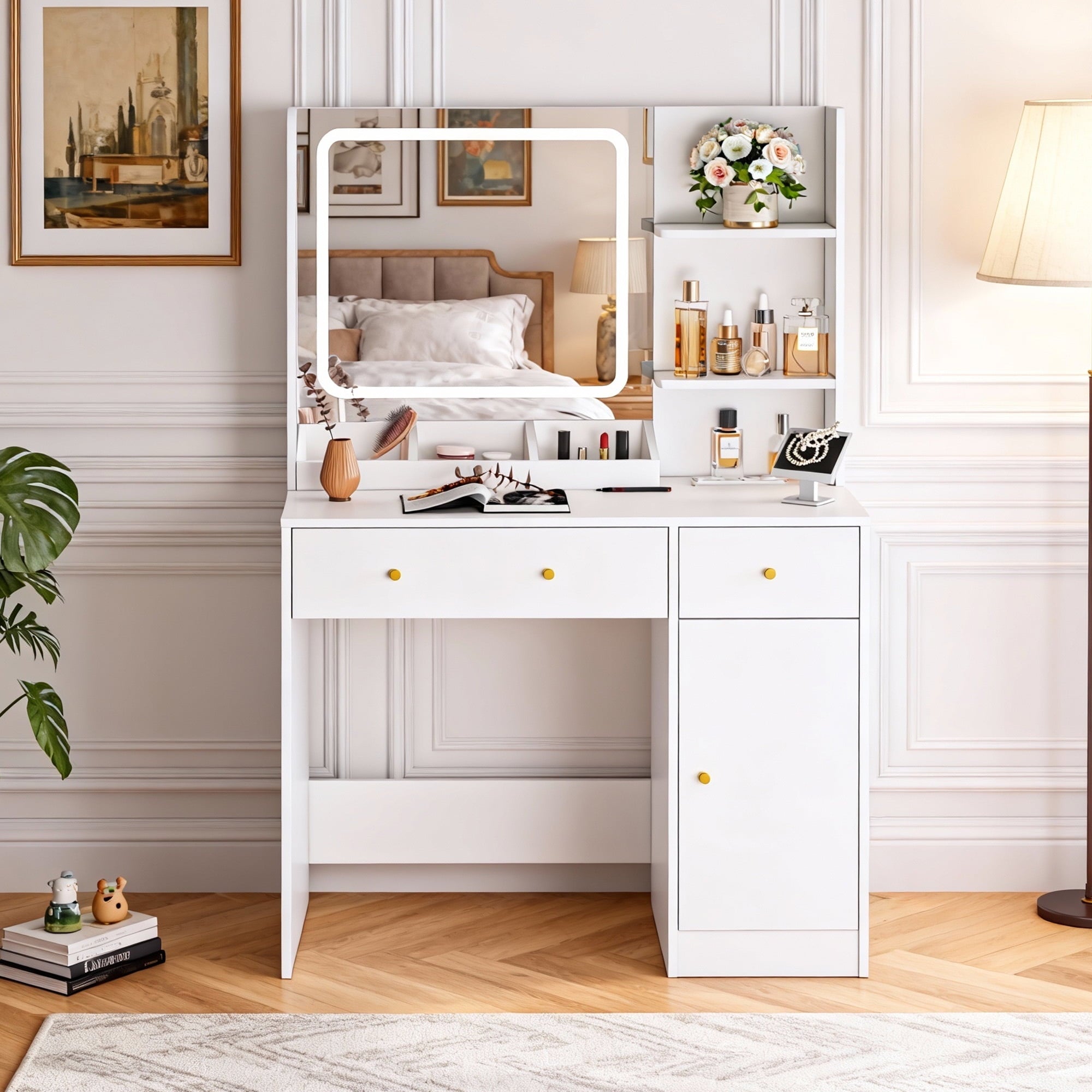 Fenbeli White Vanity Desk with Lighted Mirror, Makeup Table with Charging Station, Large Vanity Set with 3 Storage Compartments for Bedroom