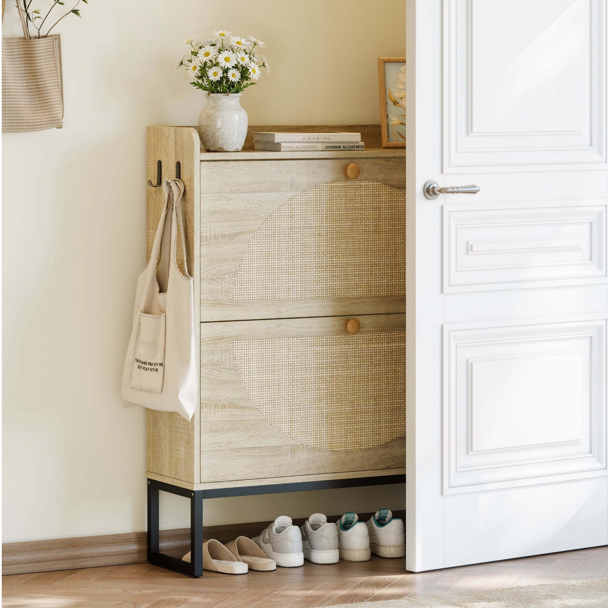 Furnibear Shoe Cabinet with Rattan Doors and Adjustable Shelves for Entryway Shoe Storage, Natural Wood