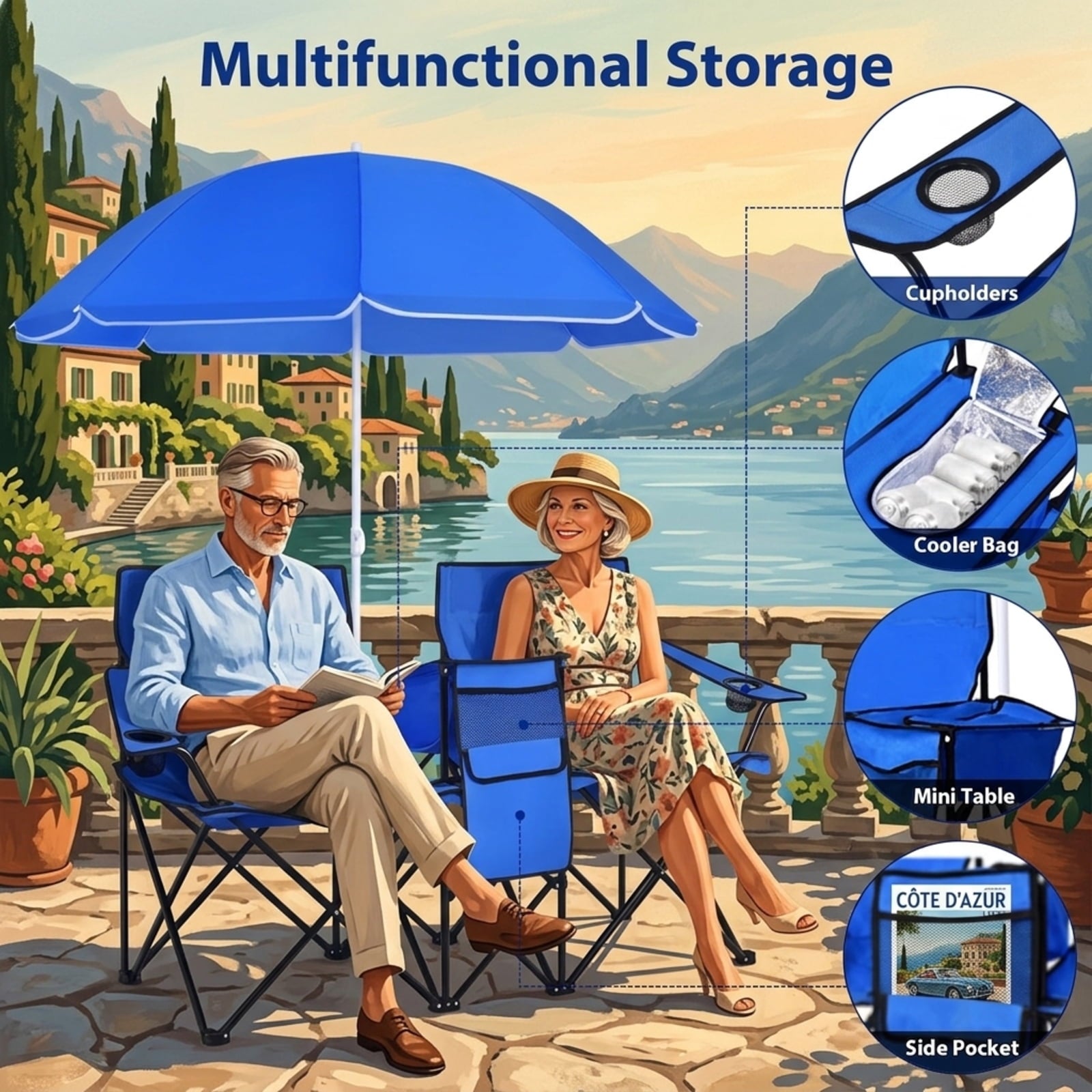 Fenbeli Double Camping Chair with Removable Sun Shade Canopy 2 Person Oxford Loveseat Folding Beach Chair with Carry Bag for Outdoor Patio Lawn, Blue
