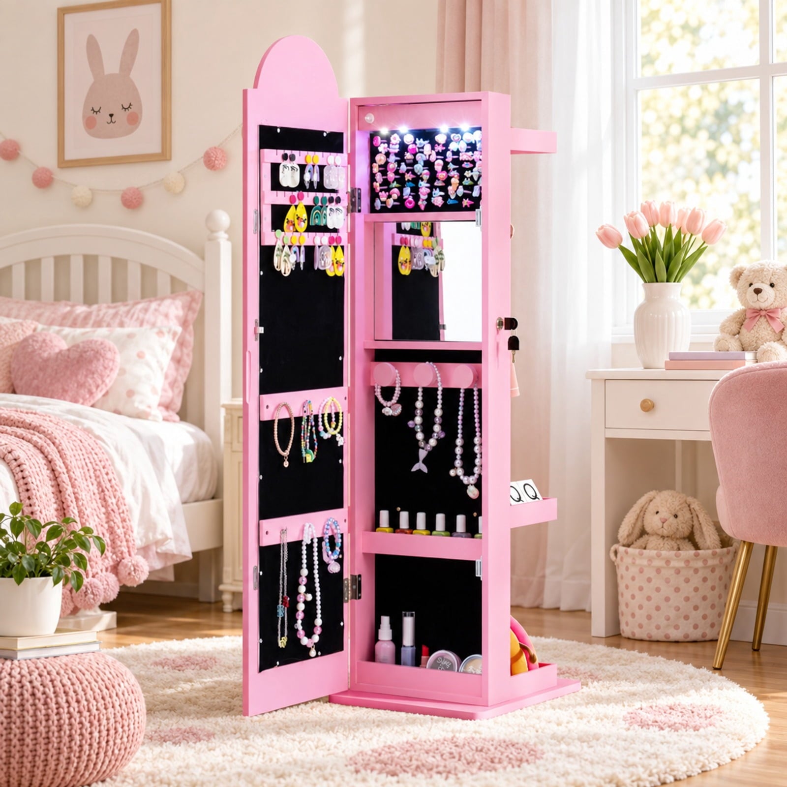 Fenbeli 3 In 1 Kids Jewelry Cabinet Freestanding Jewelry Armoire with 3-Color Lighted Mirror, MDF Glass Acrylic Frame, Pink