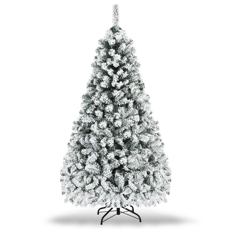 6ft Snow Flocked Christmas Tree, Premium Holiday Pine Branches, Foldable Metal Base