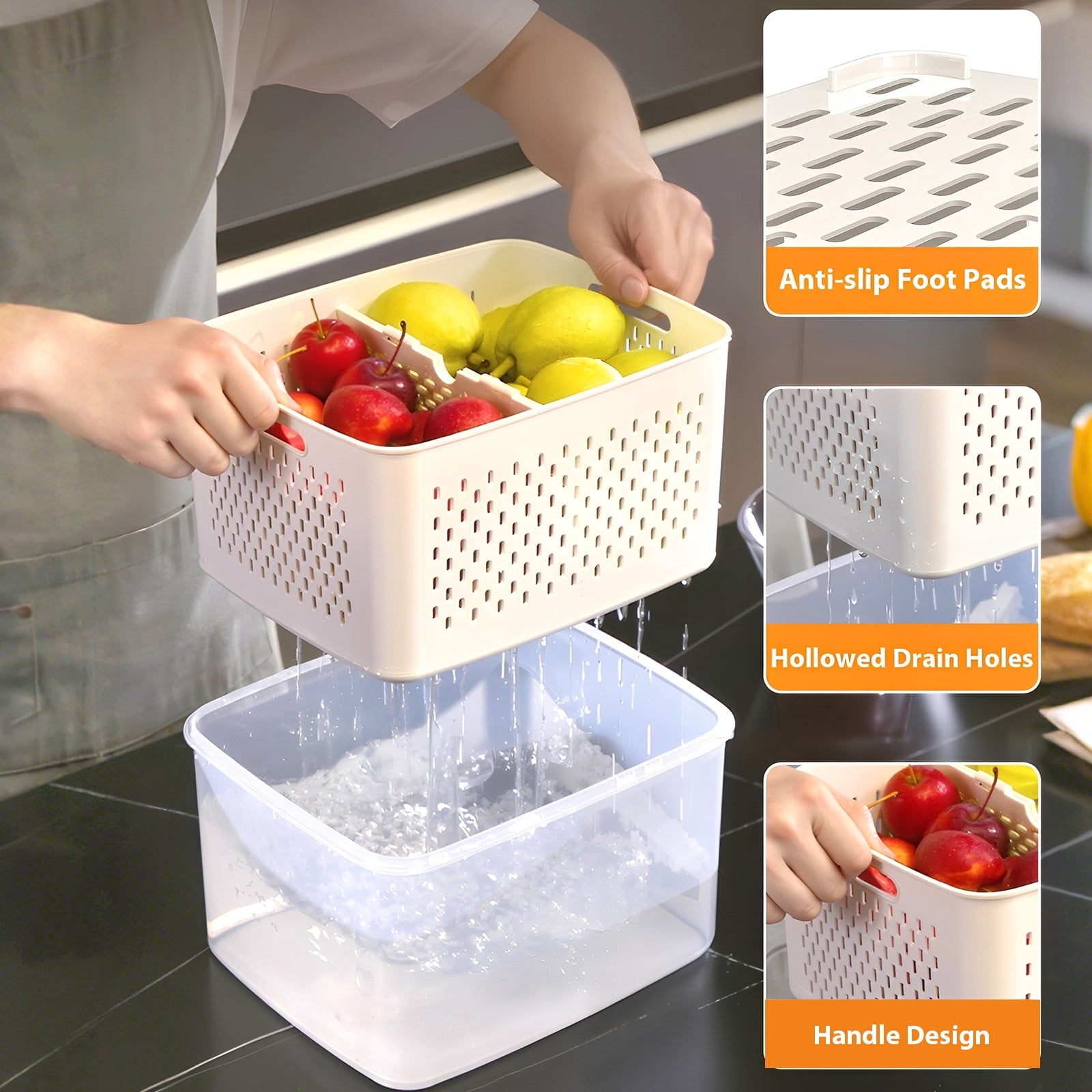 Fenbeli Fruit Vegetable Storage Containers for Fridge, 6 Pack Produce Saver with Lids and Removable Colander, BPA-Free Airtight Fresh Keeper with Adjustable Vent and Divider, Refrigerator Organizer Set