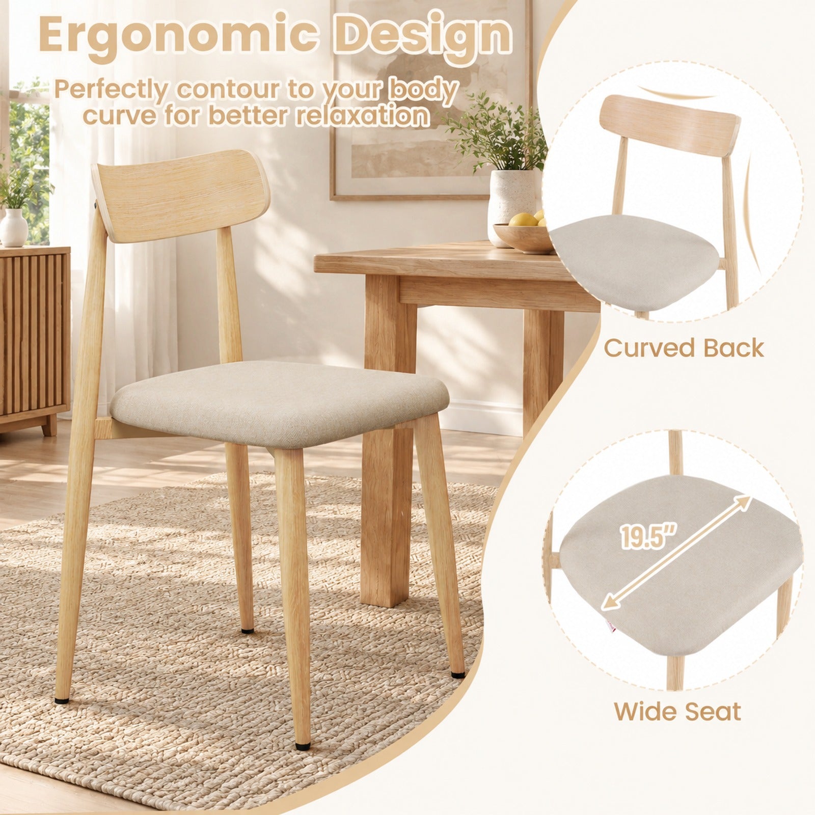 Fenbeli Linen Fabric Upholstered Modern Dining Chair Set of 2 with Padded Seat and Curved Back, Chair 340 lbs Capacity, 19.5 x 19 x 31 Footprint