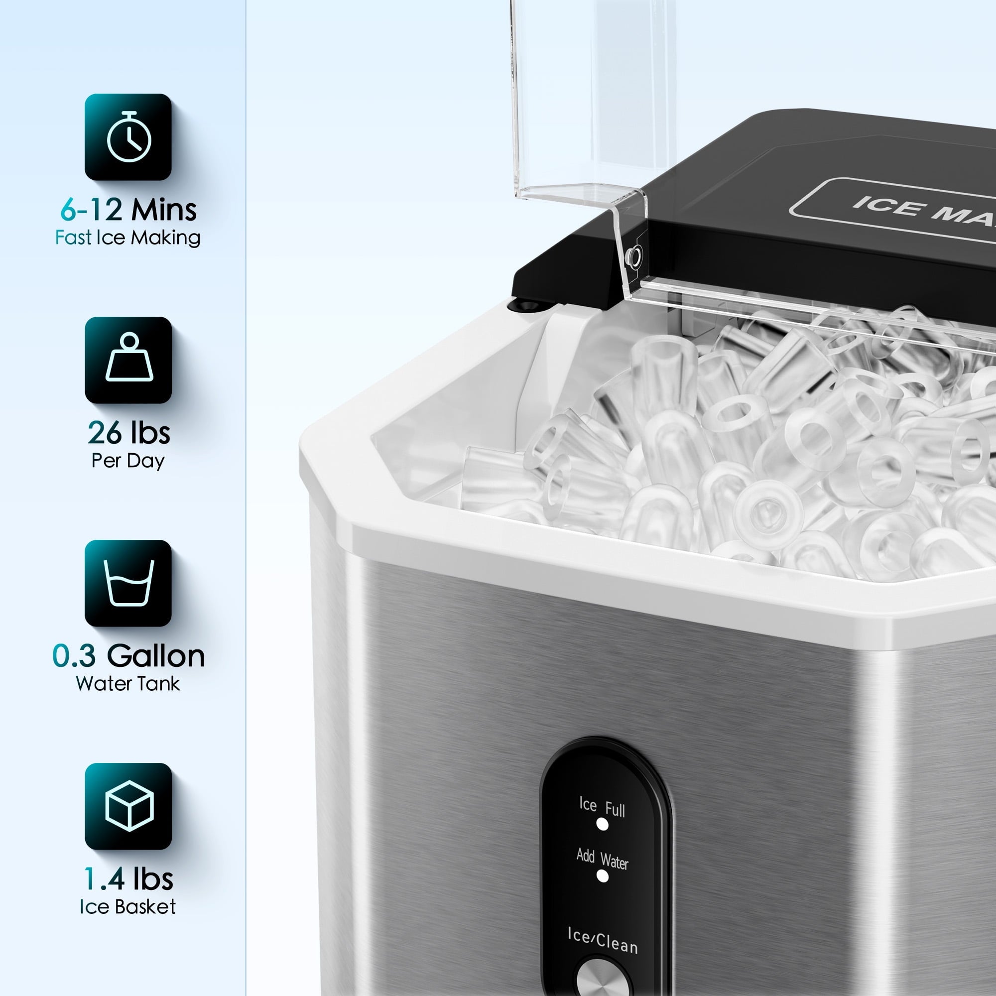 Fenbeli 26lbs/24H Countertop Ice Maker Machine with Handle, Portable Ice Maker Machine with Auto-Cleaning, Silver