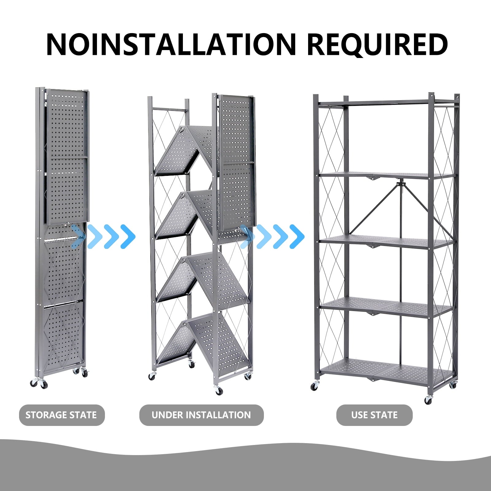 Fenbeli 5-Tier Storage Shelving Unit, Metal Shelf, Foldable Storage Shelf with Wheels, Garage Shelf, Metal Storage Rack with 3 Hooks
