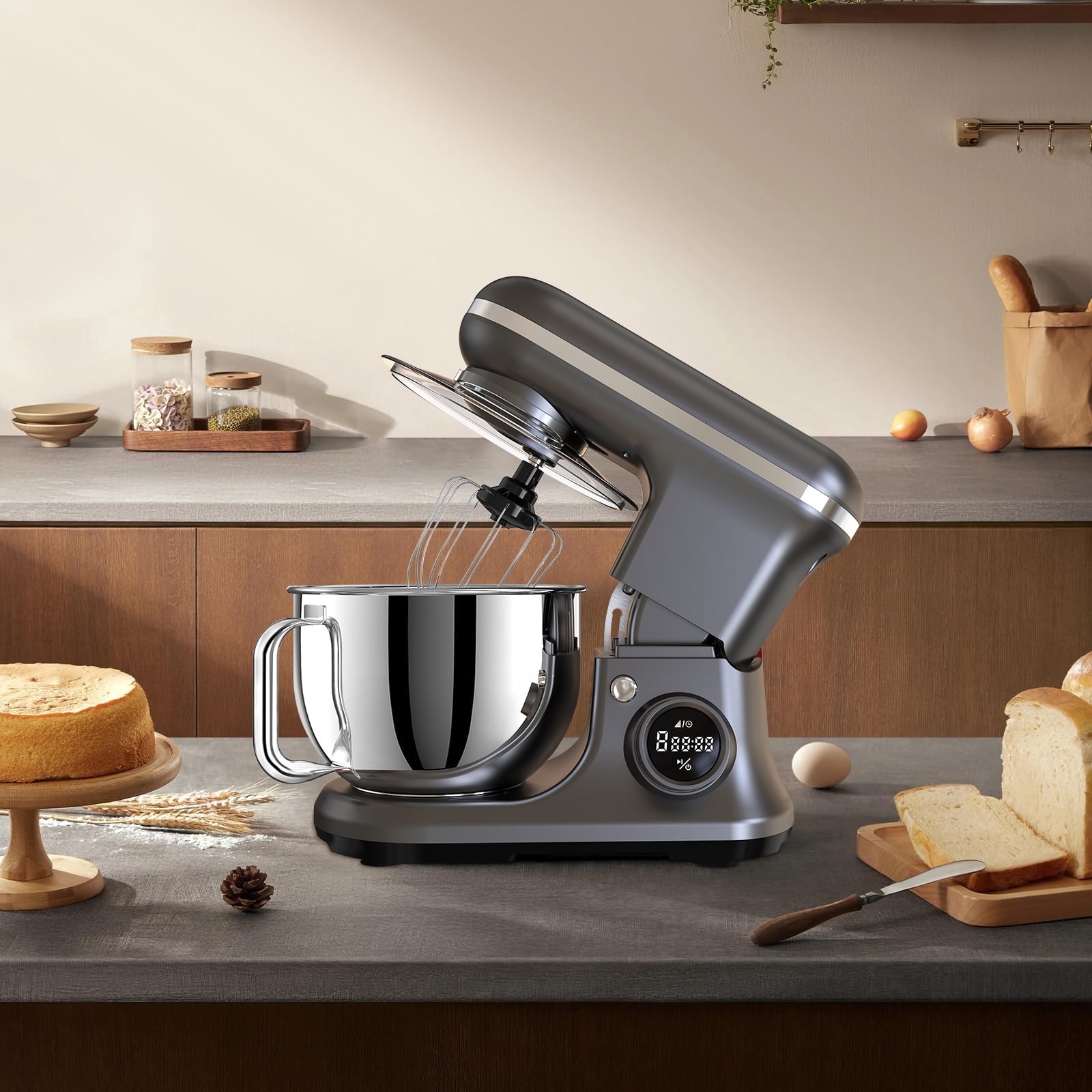 Fenbeli 5.3Qt Stand Mixer,650 W 8 Speeds Kitchen Electric Food Mixer for Daily Use with Egg Whisk,Dough Hook,Flat Beater,Black