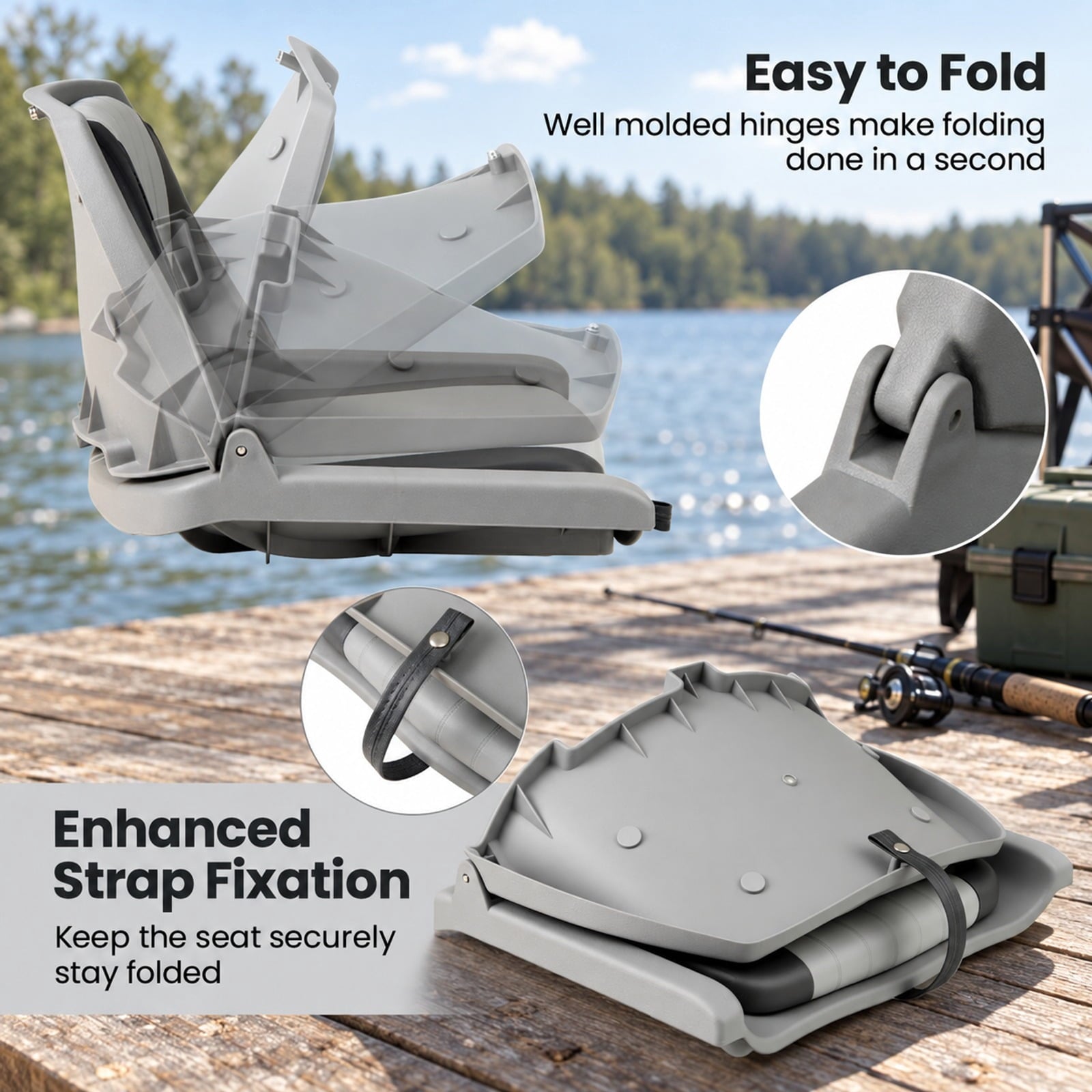 Fenbeli Boat Seat Folding Low Back Boat Chair with Marine-Grade PVC, 330 lbs Capacity, PP PVC Sponge Frame, 20 x 19.5 x 15.5 Footprint, Gray
