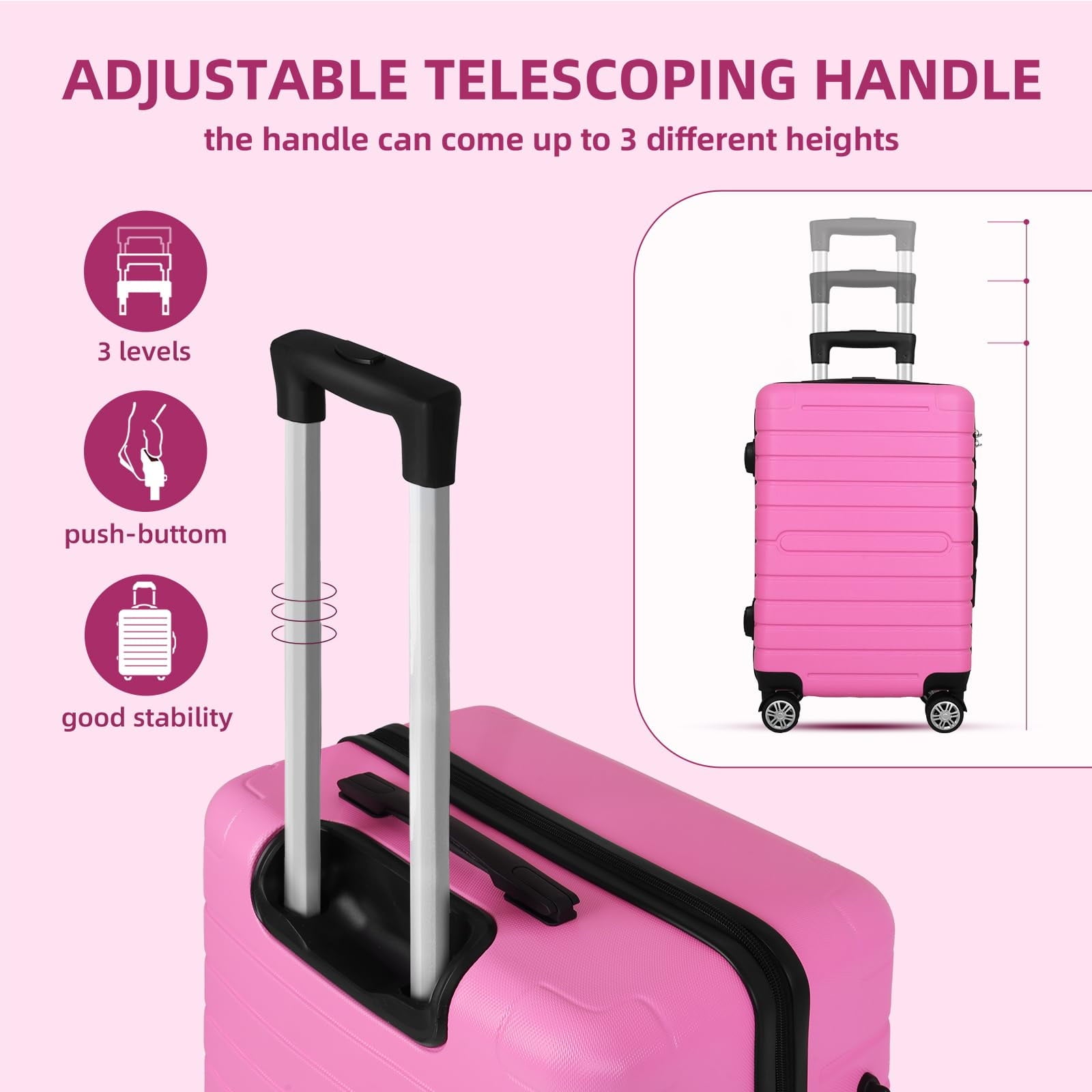 Fenbeli 3 Piece Luggage Sets with TSA Locks Hardside Suitcase Set with Spinner Wheels 20in24in28in Pink
