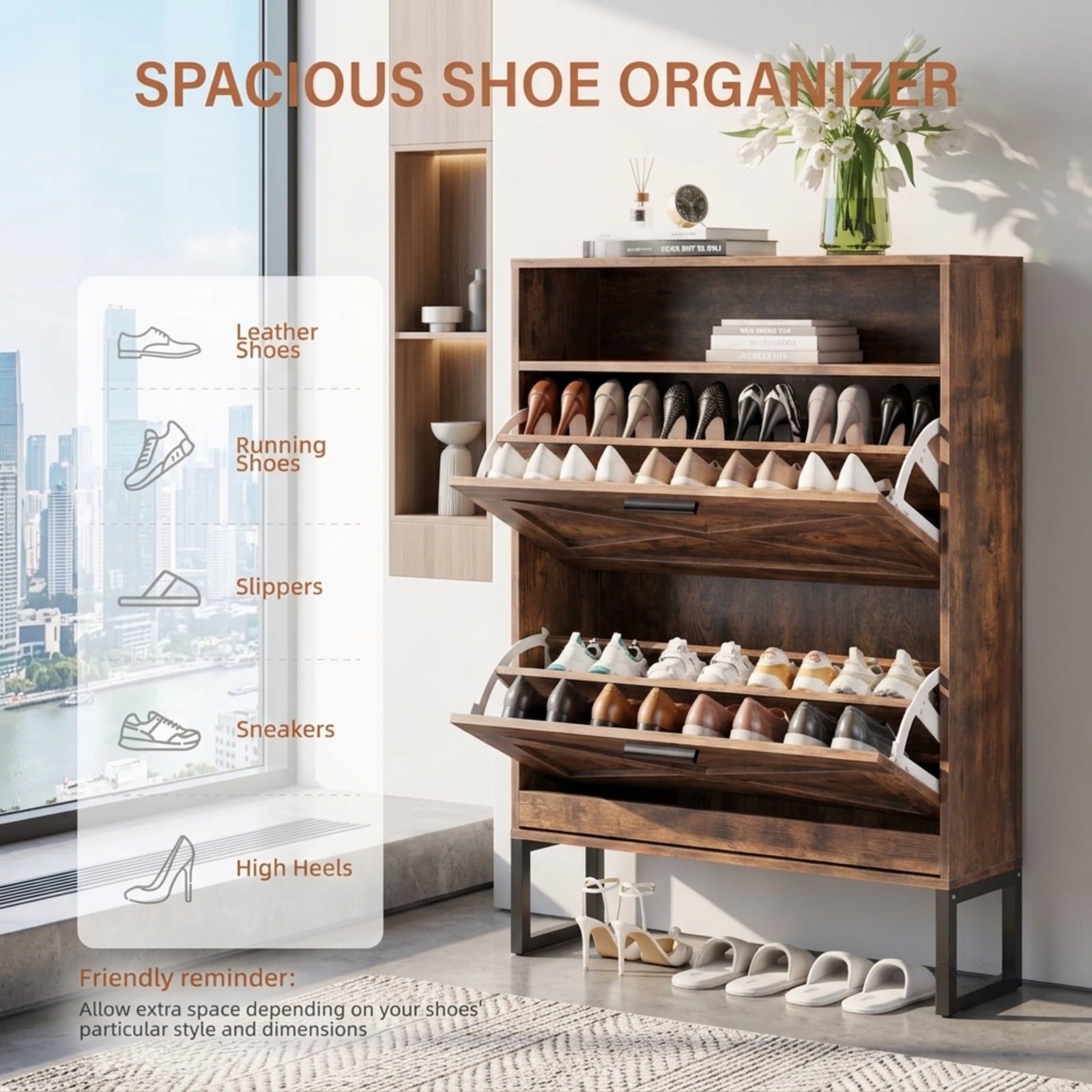 Fenbeli Shoe Cabinet with 5 Flip Doors, Slim Burnt Wood Storage Organizer with Adjustable Shelves, Freestanding Entryway Cabinet for Hallway Bedroom and Closet