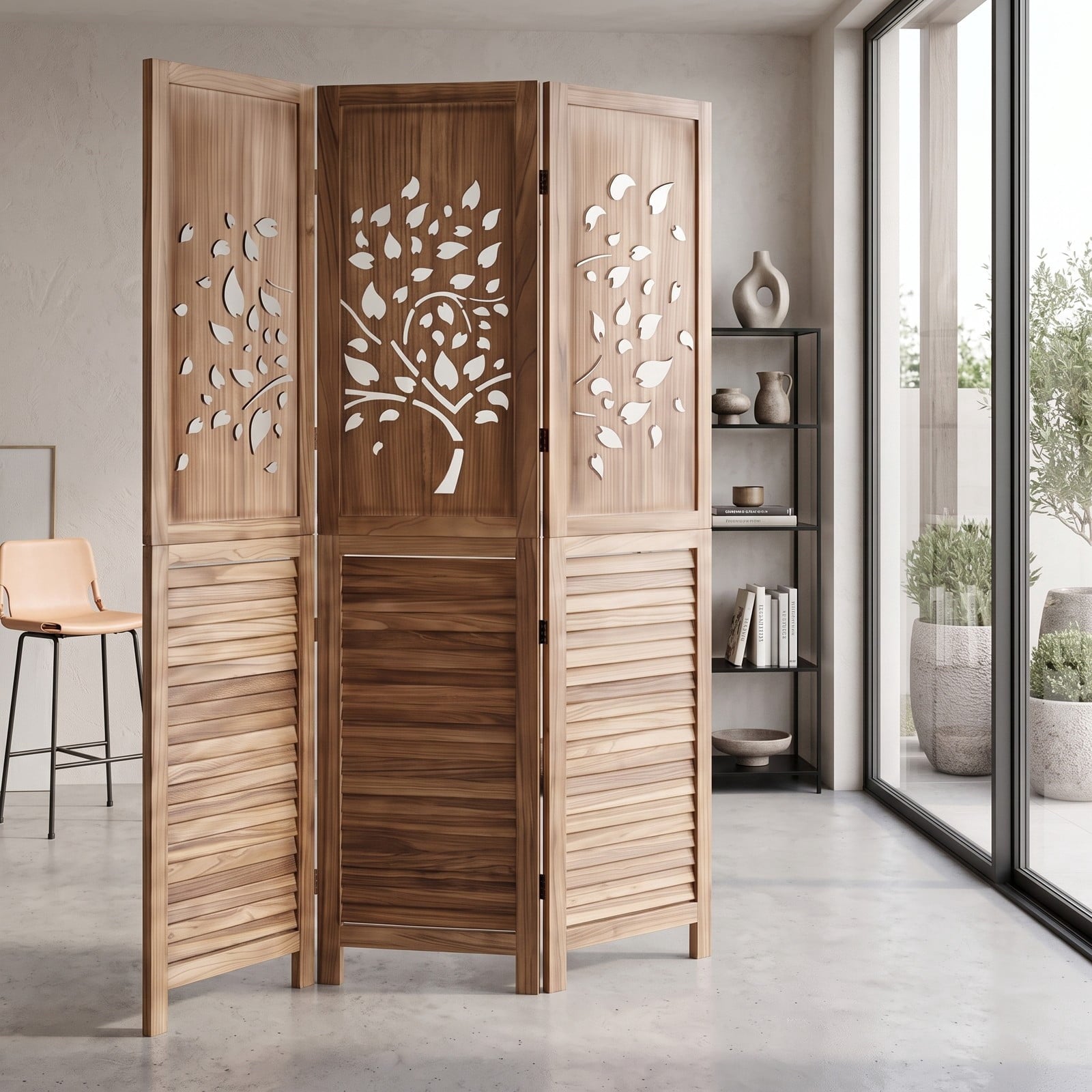 Fenbeli 67 Inch Folding Room Divider 3 Panel Freestanding Privacy Screen with Tree Cutout and Louver Design, Paulownia Wood Partition for, White and Rustic Brown