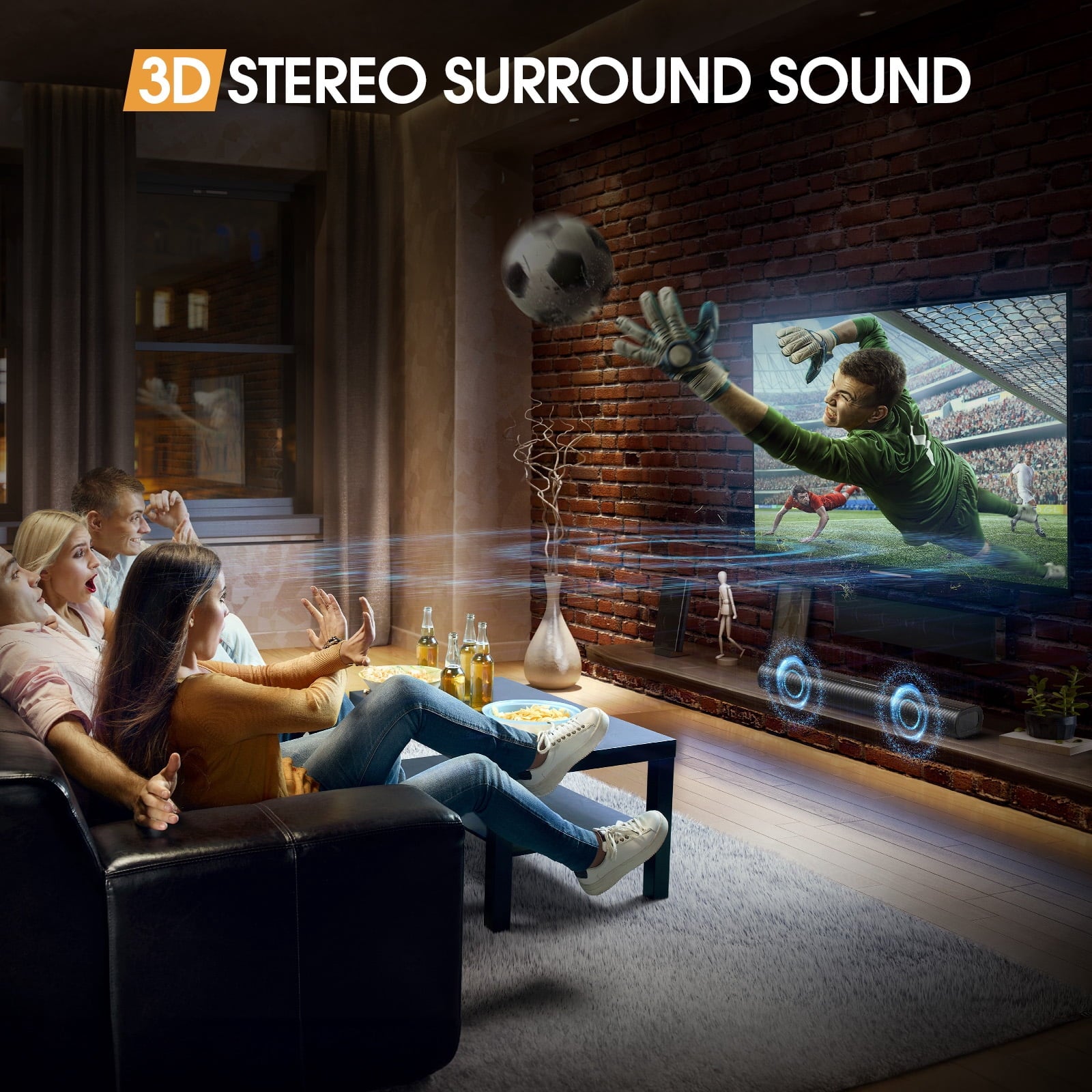 Fenbeli 50W Sound Bars for TV, 3D Surround Sound System with Built-in Subwoofer, Home TV Speakers SoundBar, Optical, RCA, USB AUX Wall Mountable, Black