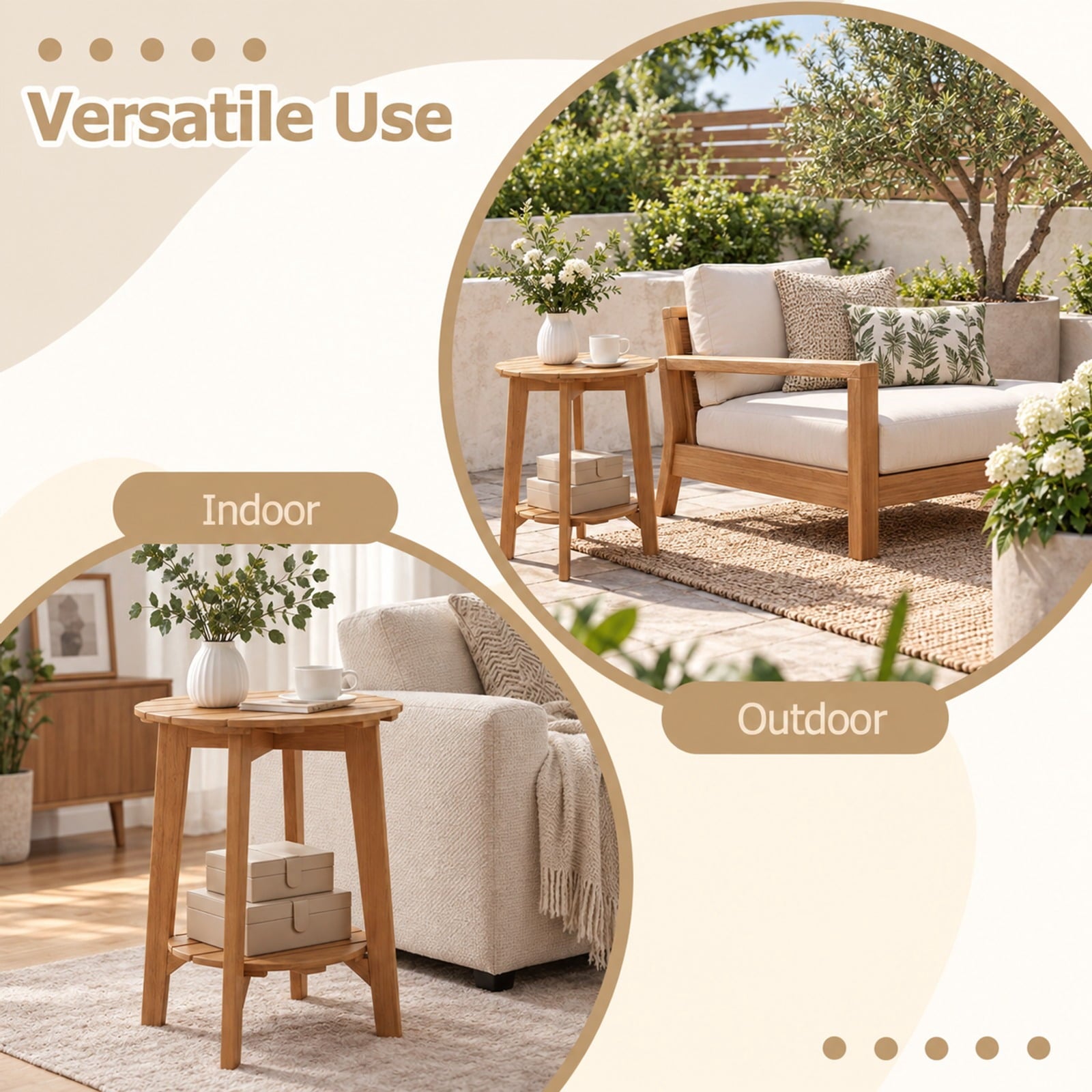 Fenbeli Set of 2 Eucalyptus Wood Side Table 2-Tier with Slatted Tabletop and Storage Shelf for Outdoor, 165 lbs Capacity, Eucalyptus Wood Frame