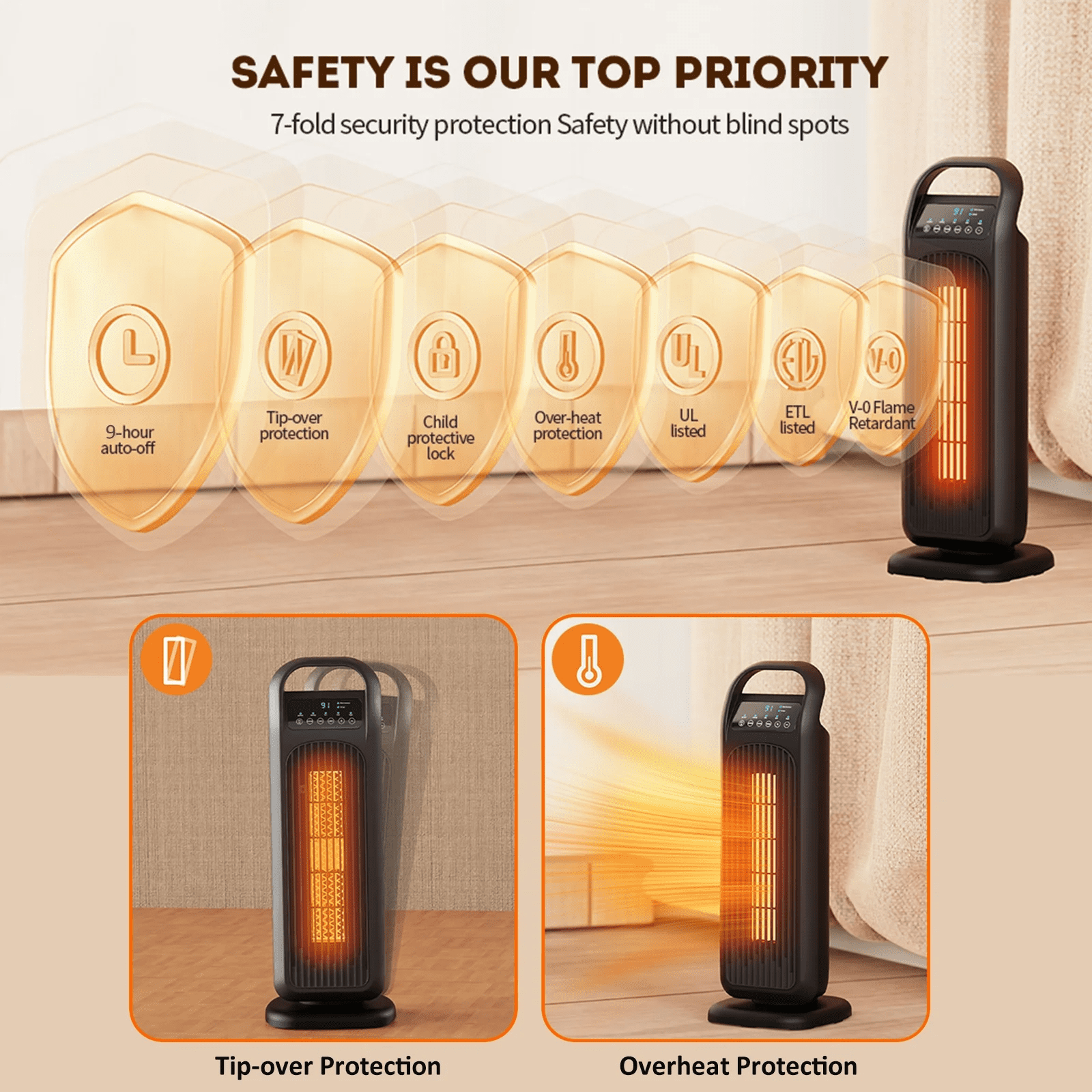 Fenbeli Space Heaters for Inside, Portable Electric Heater with Remote, 60 Oscillation, 1500W PTC Ceramic Fast Safety Heater with Thermostat, ECO Mode