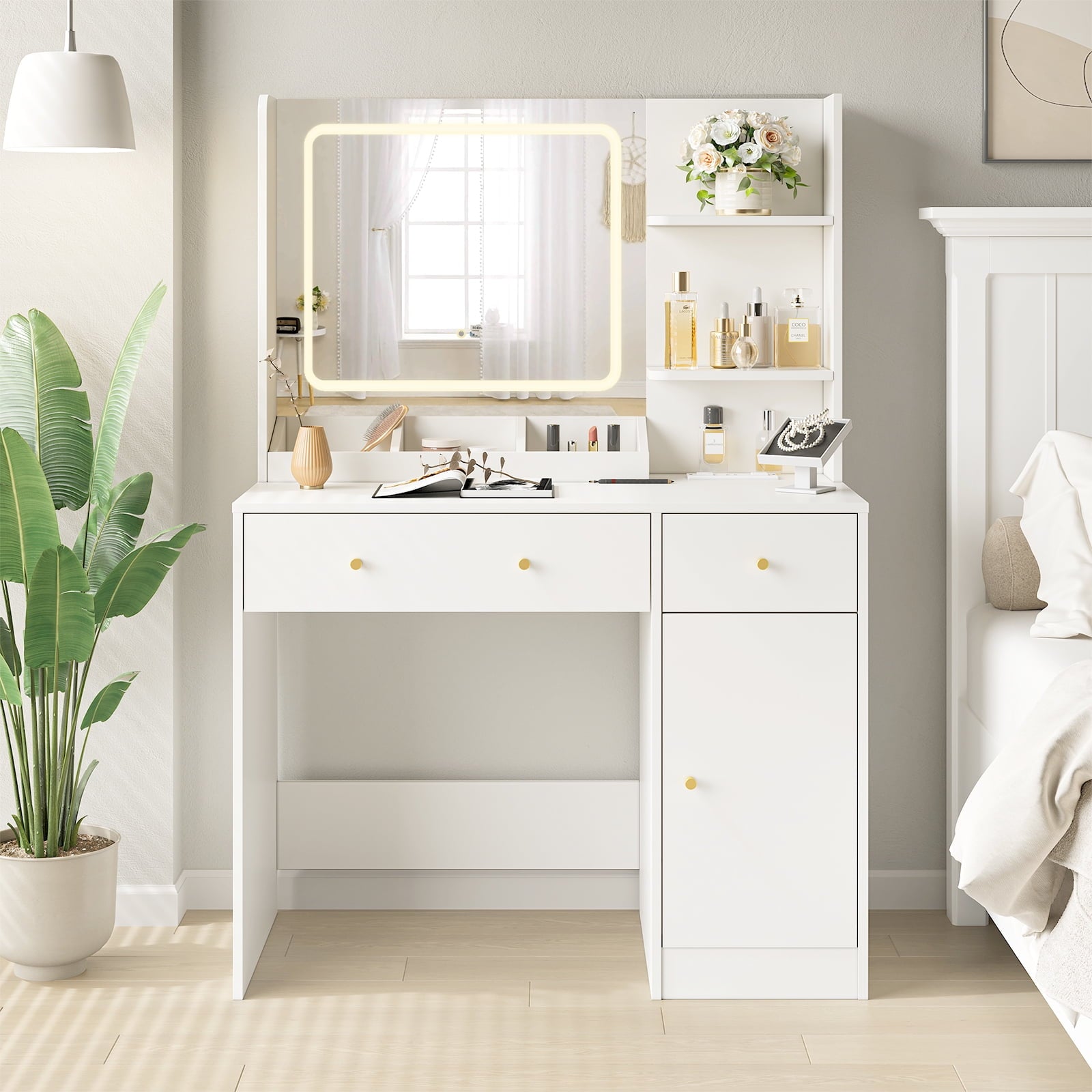 Fenbeli Vanity Table with LED Lights And Power Strip - White