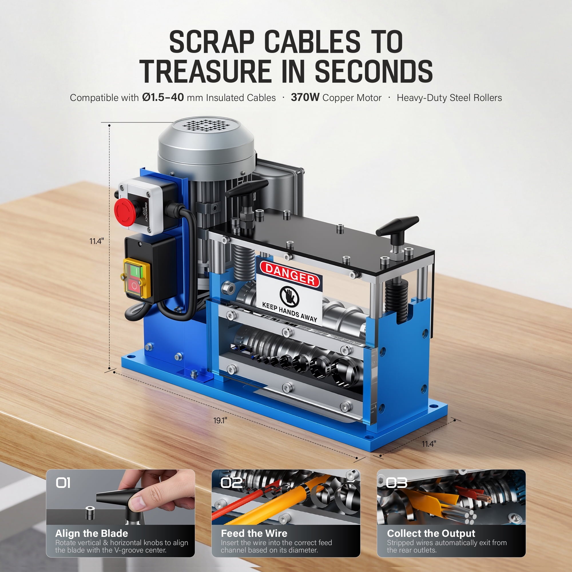 Fenbeli Electric Wire Stripping Machine 0.06-1.58in Heavy Duty Industrial Automatic Cable Stripper for Scrap Copper Recycling, Blue