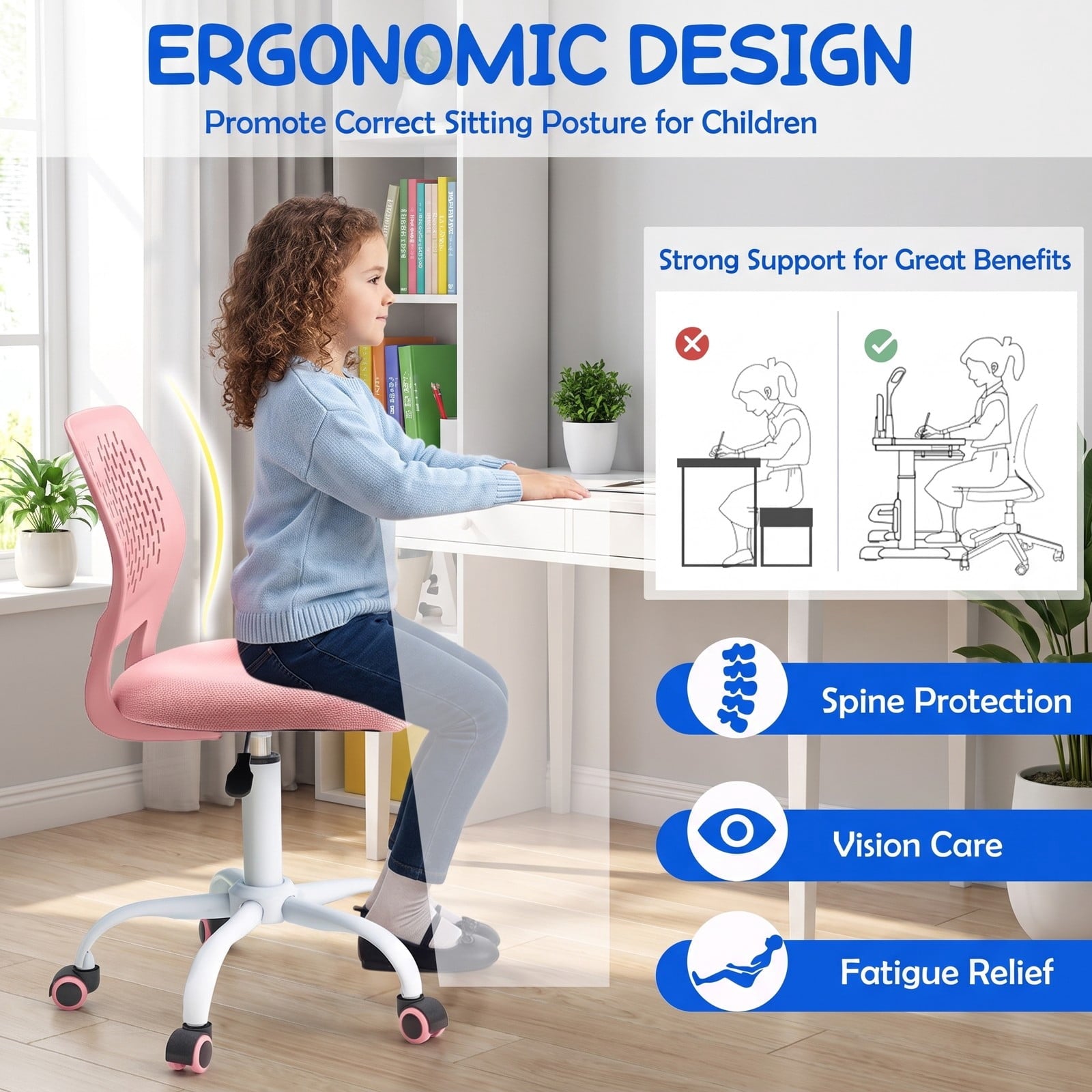 Fenbeli Ergonomic Children Study Chair with Adjustable Height, 250 lbs Capacity, Sponge Mesh Metal Frame, 19.5 x 19.5 x 29.5-34 Footprint