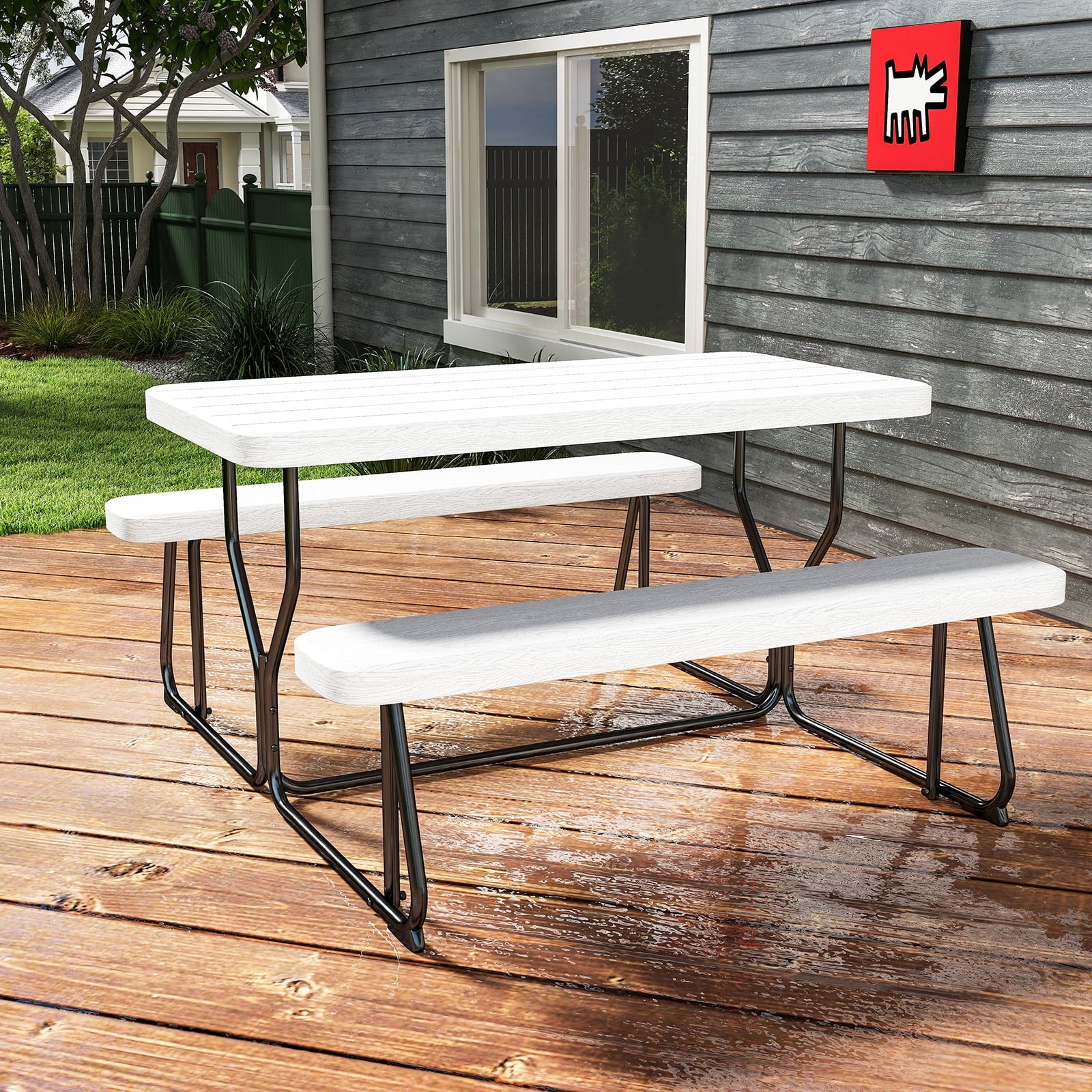 Fenbeli Outdoor Picnic Table with Bench Set for BBQ, Camping, Patio, White