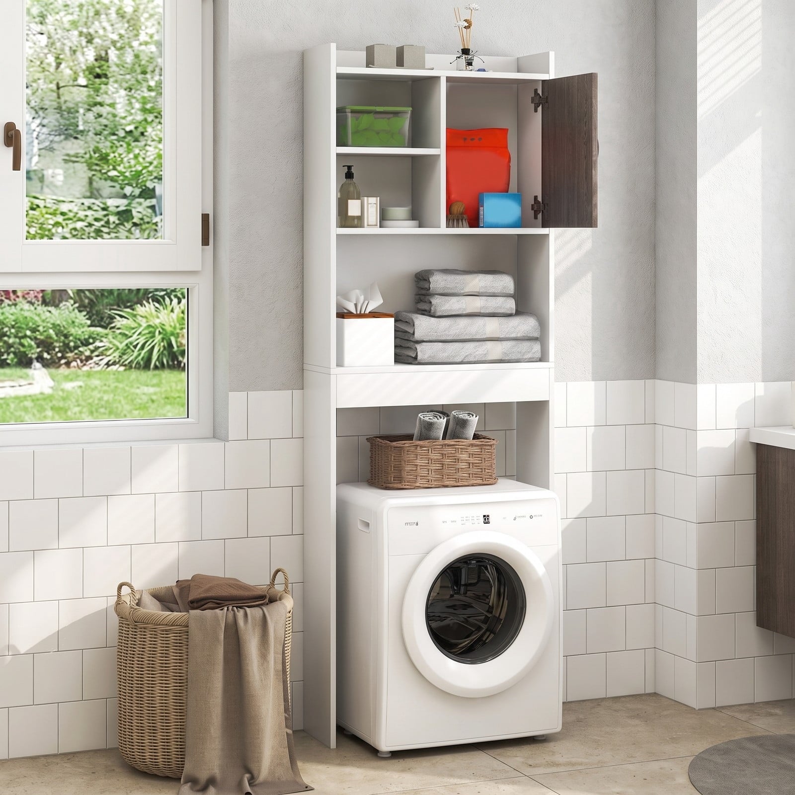 Fenbeli 4-Tier Space, MDF Engineered wood Frame, 24 x 8 x 68.5 Footprint, White rustic grey, Easy to assemble and cleanInstallation guide