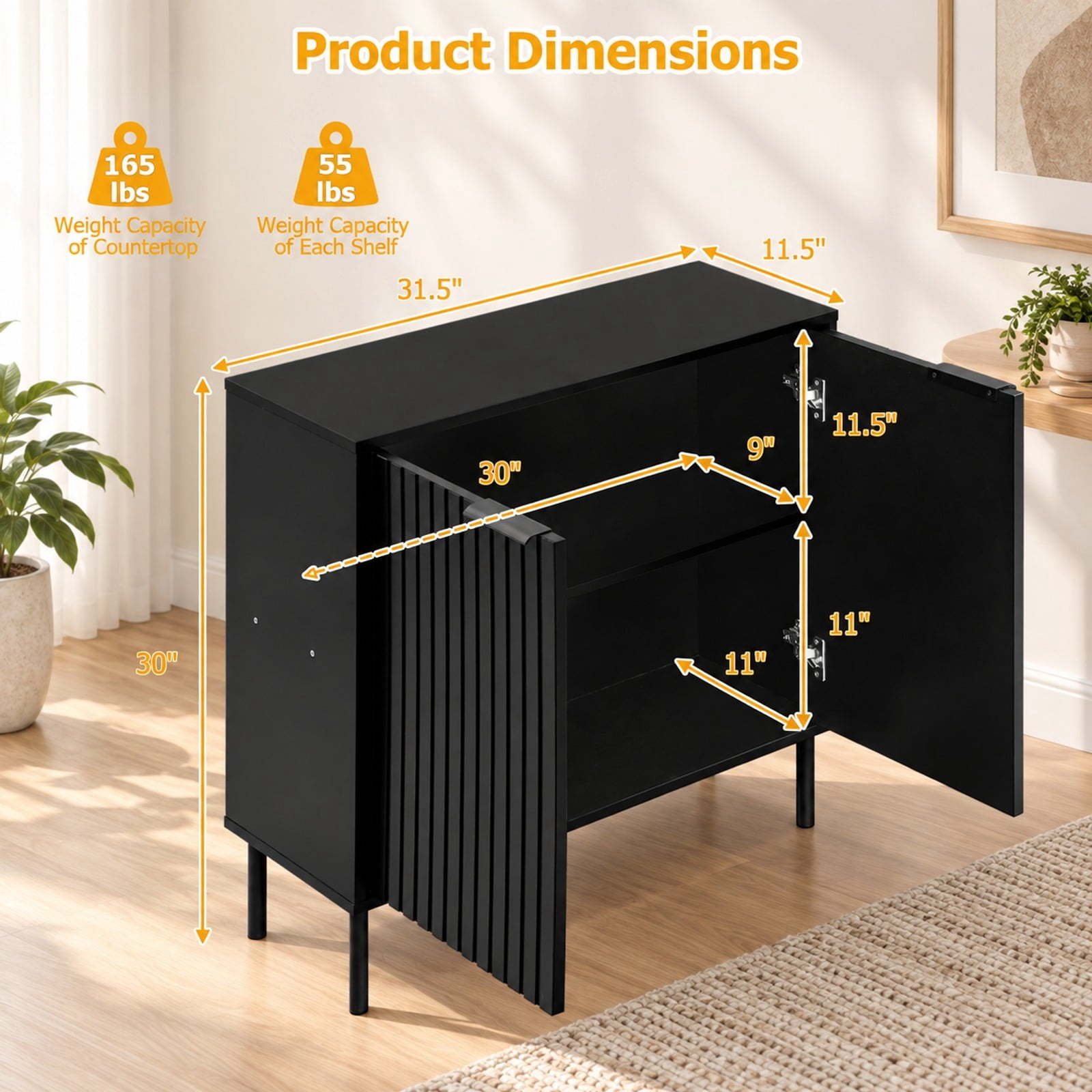 Fenbeli Fluted Buffet Cabinet with 2-Door Sideboard for Kitchen and Dining Room, Black, Metal legs provide strong and reliable support