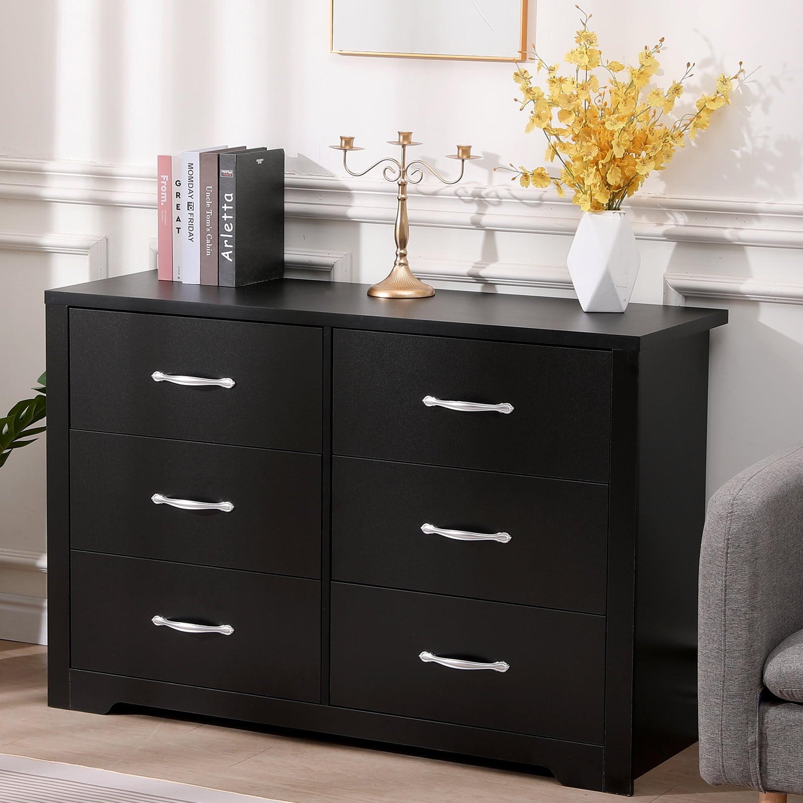 Fenbeli 6 Drawer Dresser, Black Finish