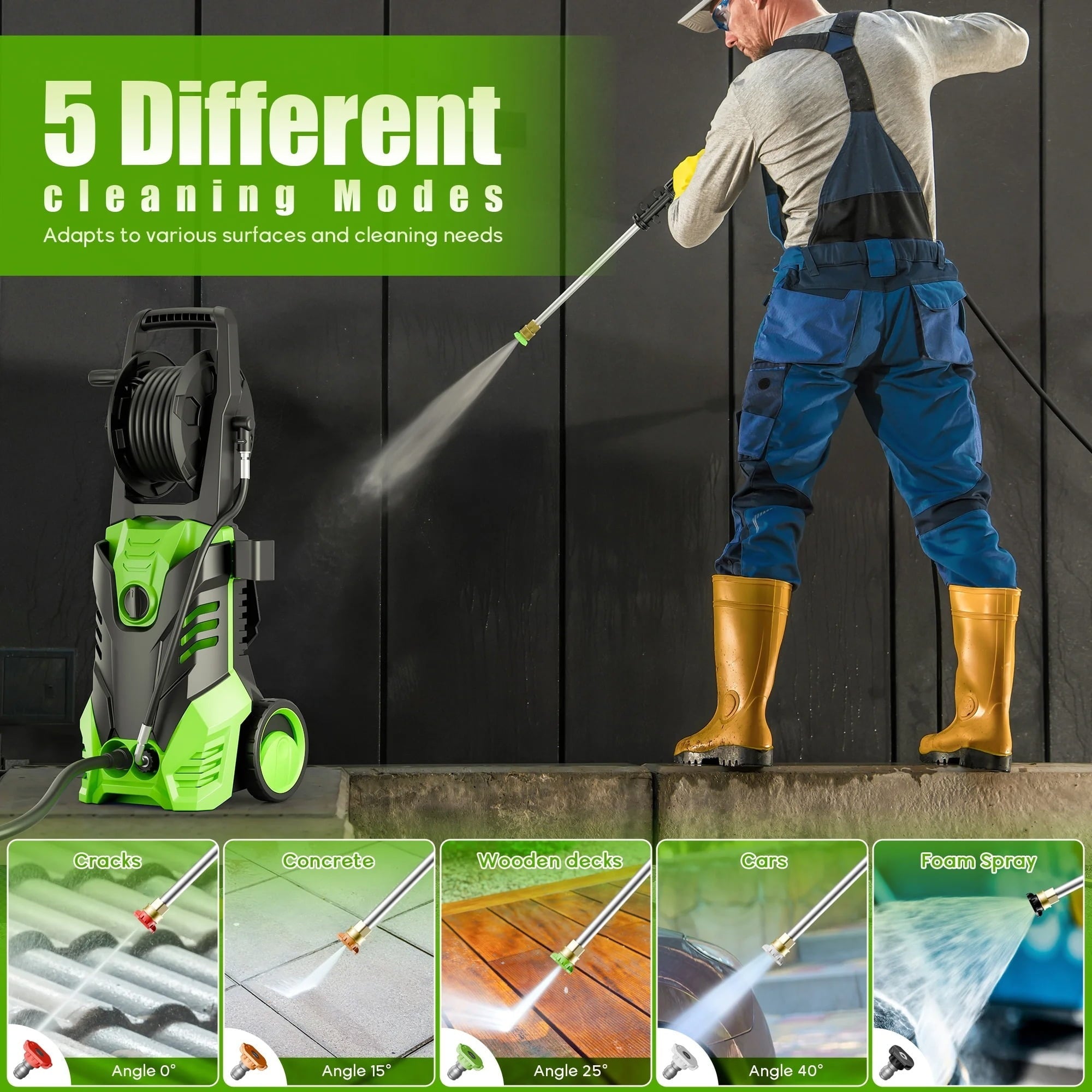 Electric Pressure Washer, 3800PSI 2.6 GPM Power Washer Machine with Hose Reel,4 Quick Connect Nozzles, Foam Cannon, for Cars, Patios, and Floor Cleaning,Green