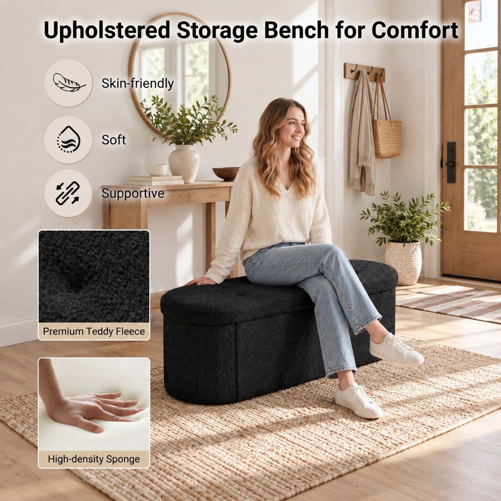 Fenbeli 43 Folding Teddy Storage Ottoman Bench with Dividers for Living Room and Bedroom, 43 x 15 x 16Inner Footprint, Black