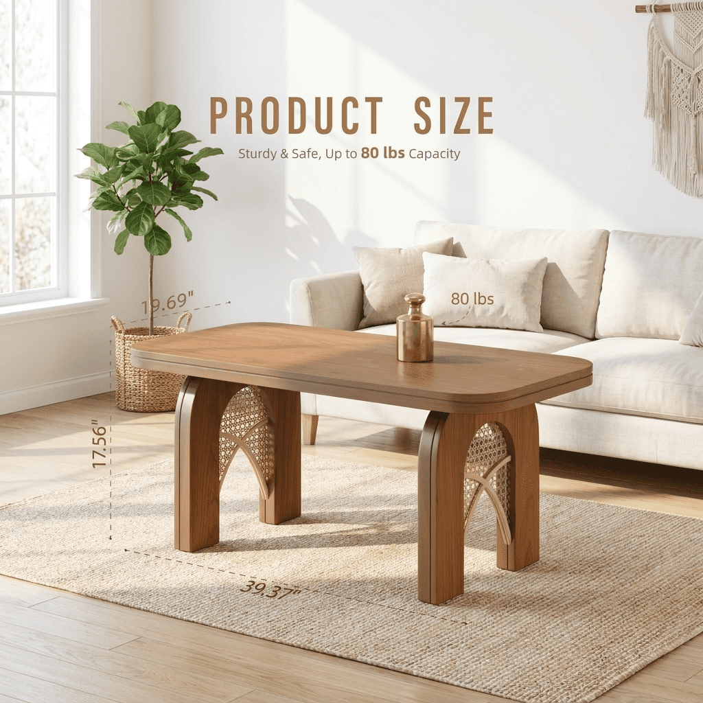 Furnibear Boho Coffee Table for Living Room with Woven Cane and Arched Wood Legs for Living Room,Brown