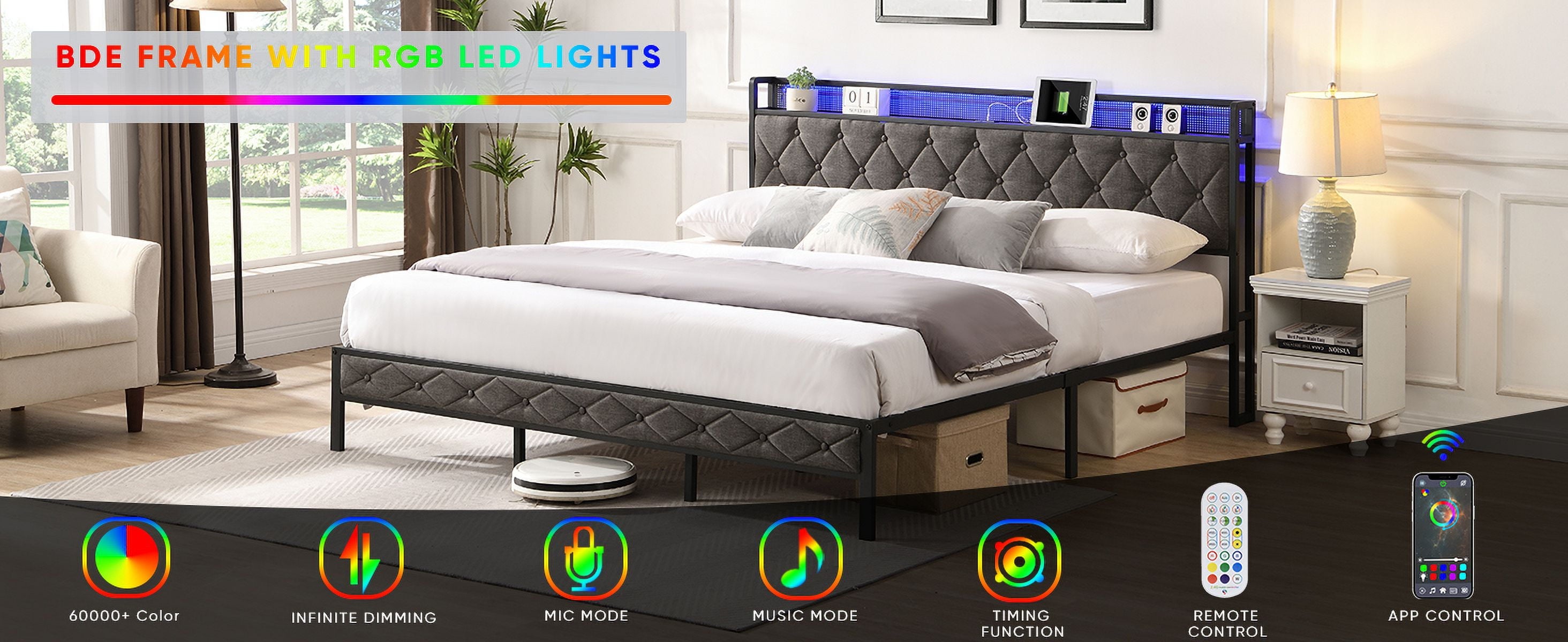 Furnibear King Bed Frame with RGB LED Lights, Charging Station And Storage Headboard | Reinforced Platform | Easy Assembly, Dark Gray
