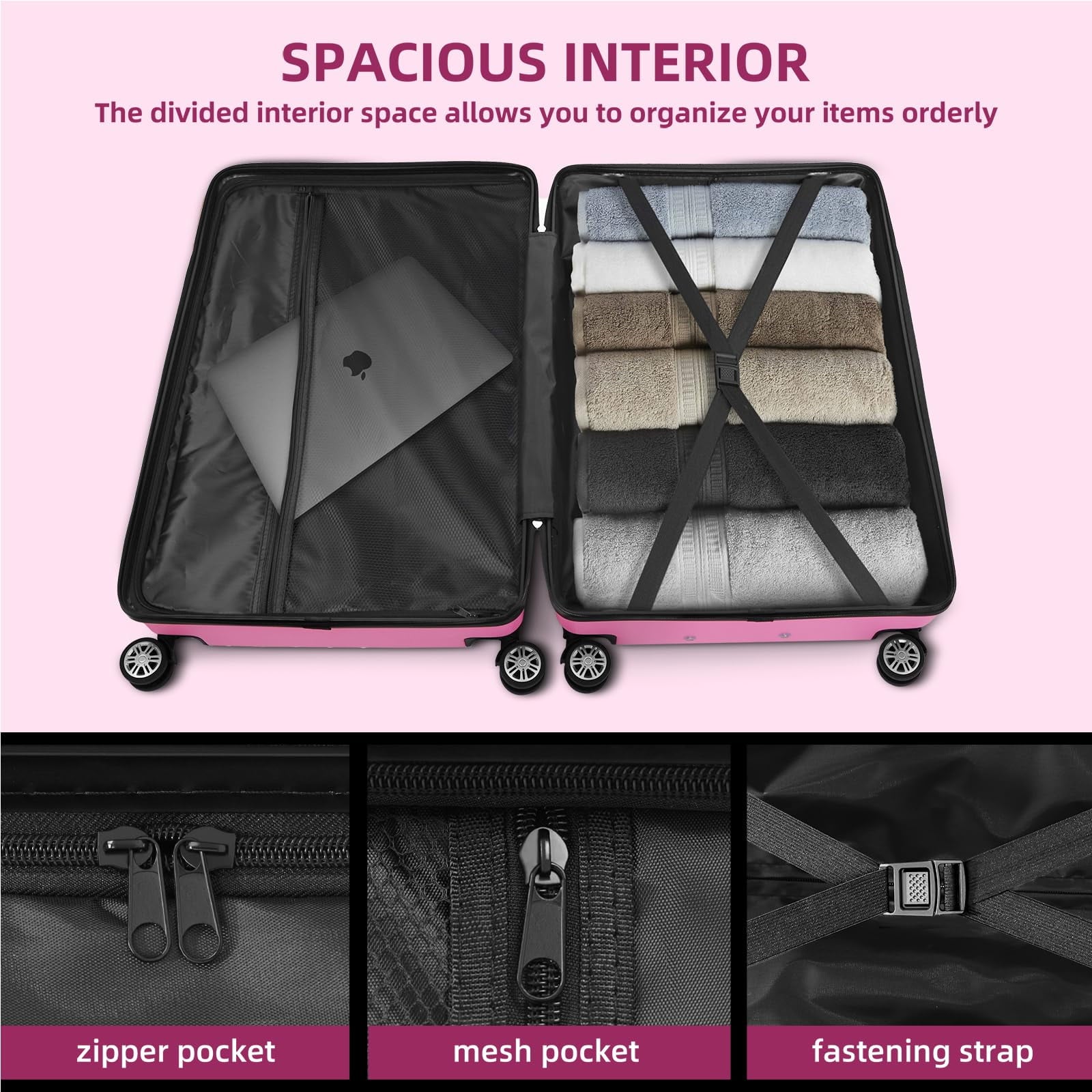 Fenbeli 3 Piece Luggage Sets with TSA Locks Hardside Suitcase Set with Spinner Wheels 20in24in28in Pink
