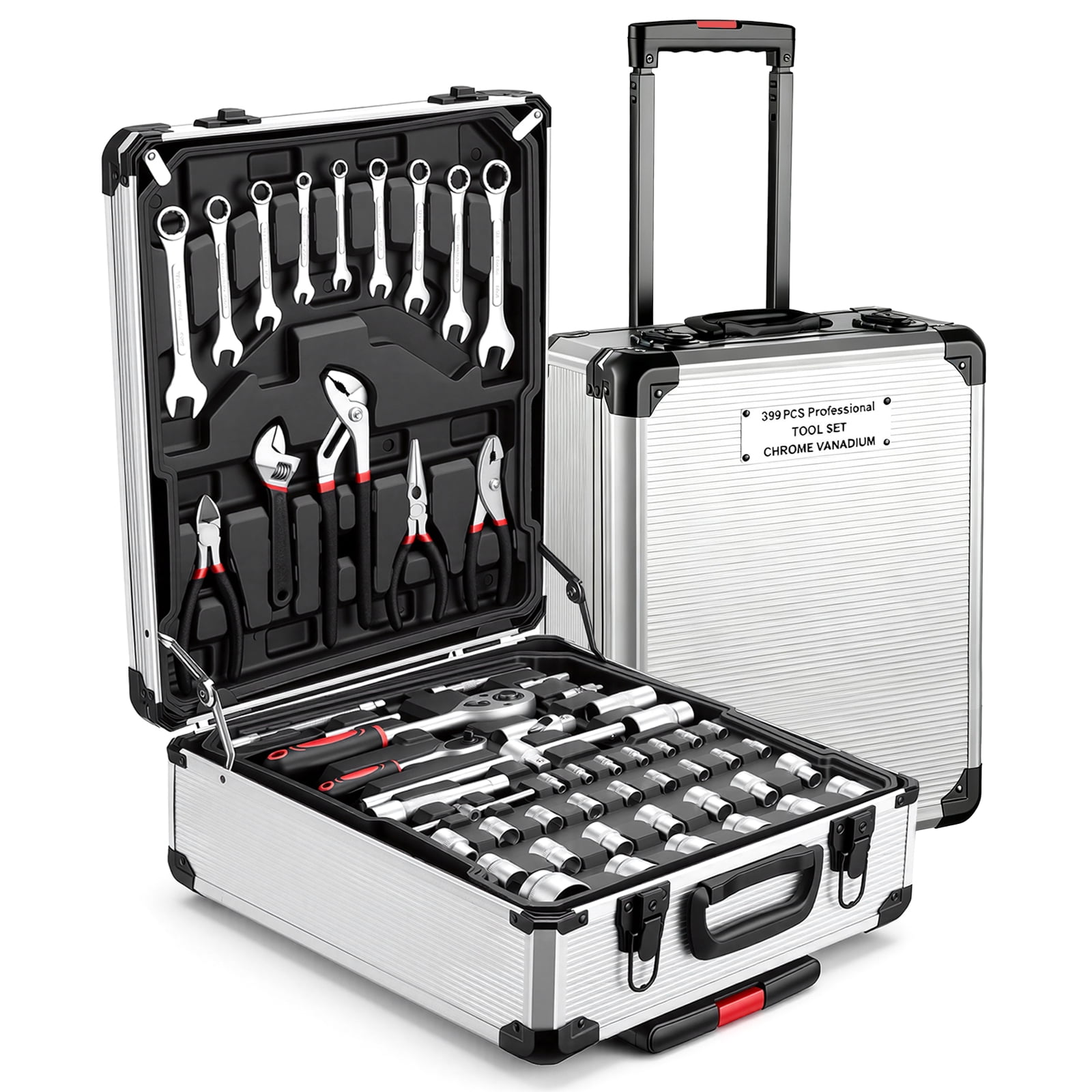 Fenbeli 399 Piece Tool Set, Professional Chrome Vanadium Steel Tool Kit with Aluminum Trolley Case and Wheels, Home Auto Repair Mechanic Tool Box,Silver
