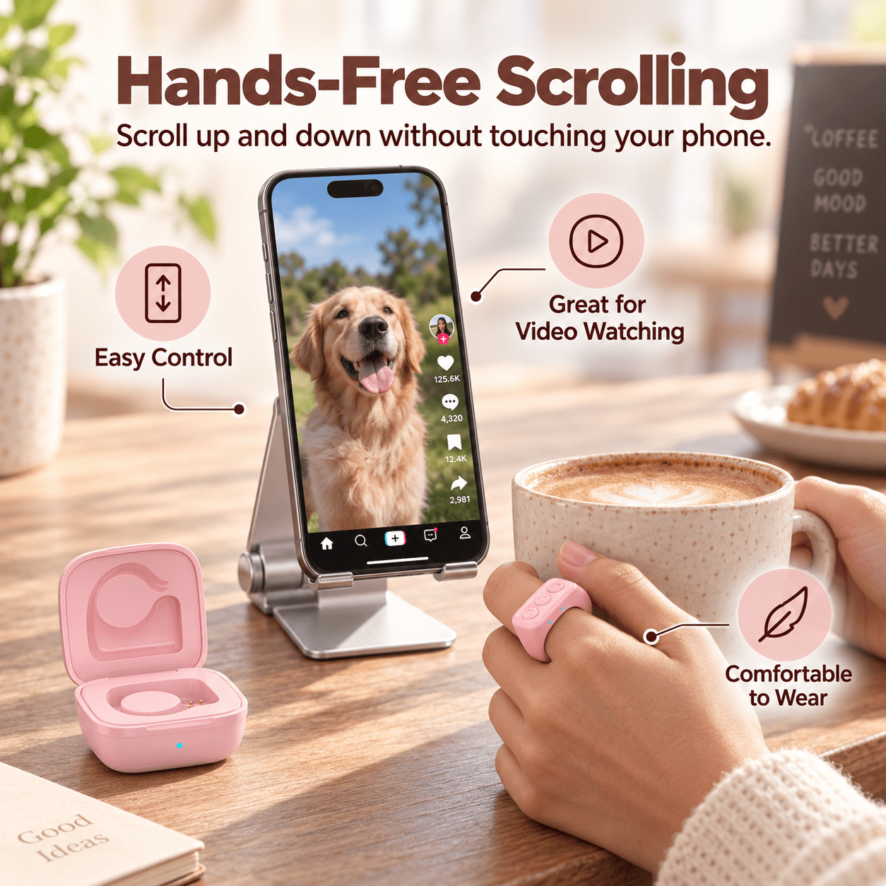 Fenbeli Bluetooth Scrolling Ring for TikTok, Wireless Finger Remote Control Page Turner with Charging Case, Camera Shutter Remote for iPhone iPad Android, Short Video Controller, Pink