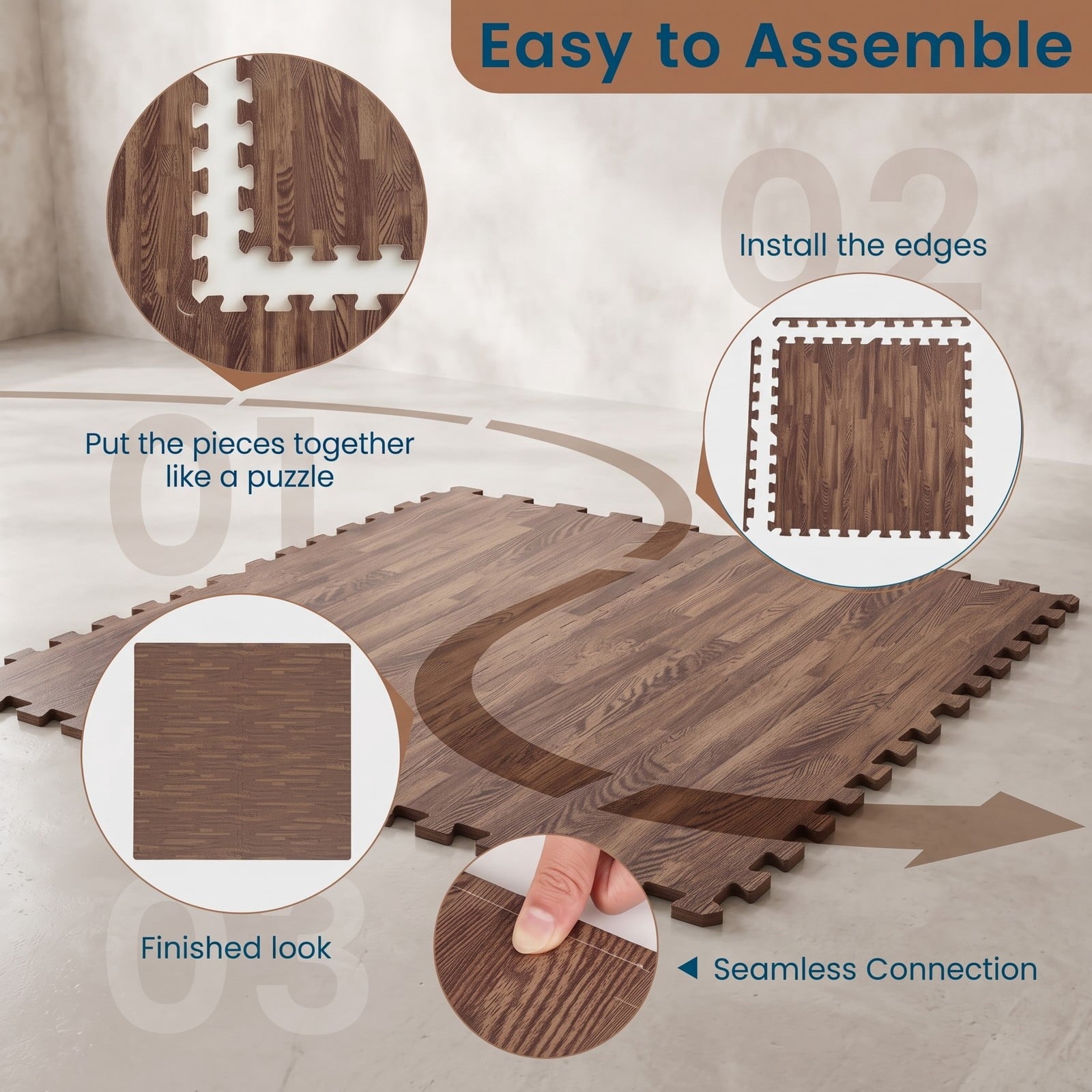 Fenbeli 25 Tiles Wood Grain Foam Floor Mats with Borders, Interlocking EVA Puzzle Play Mat Tiles Covers 100 sq ft for Living Room Bedroom Playroom Gym Exercise, Brown