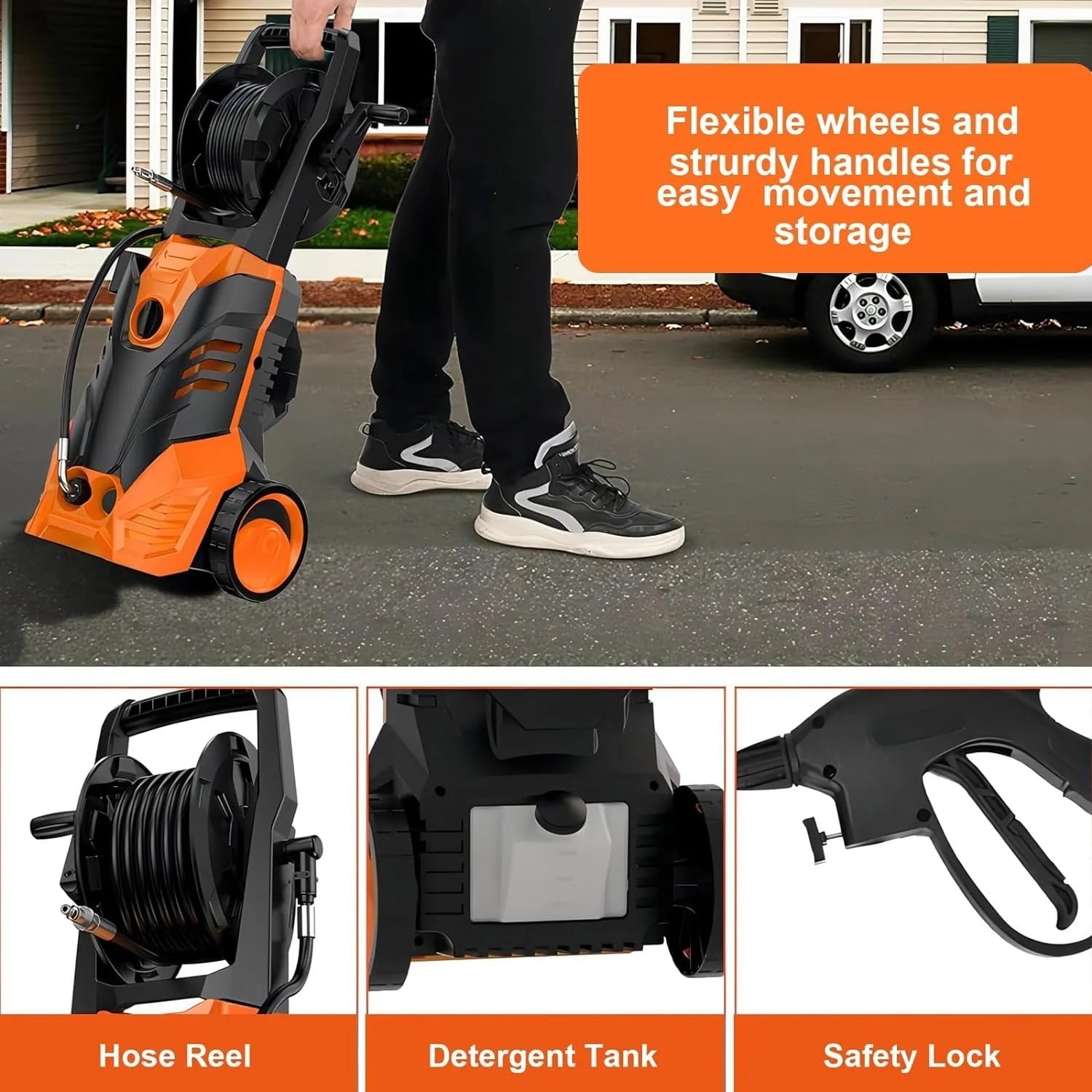 Electric Pressure Washer, 3800PSI 2.6 GPM Power Washer Machine with Hose Reel,4 Quick Connect Nozzles, Foam Cannon, for Cars, Patios, and Floor Cleaning,Orange