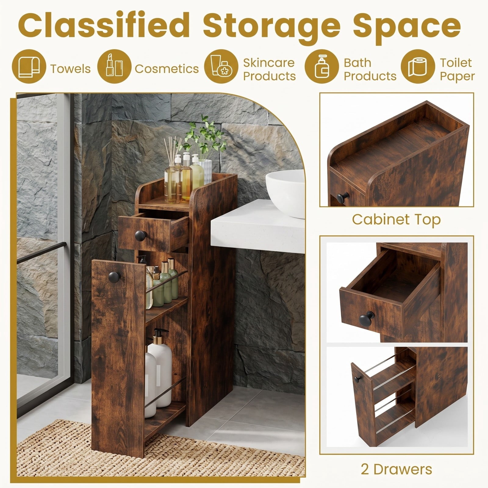 Fenbeli Small Bathroom Storage Cabinet, 4-Tier Narrow Slim Rolling Organizer with 3 Slide Out Drawers on Casters, Freestanding Storage Tower for Bathroom, Brown