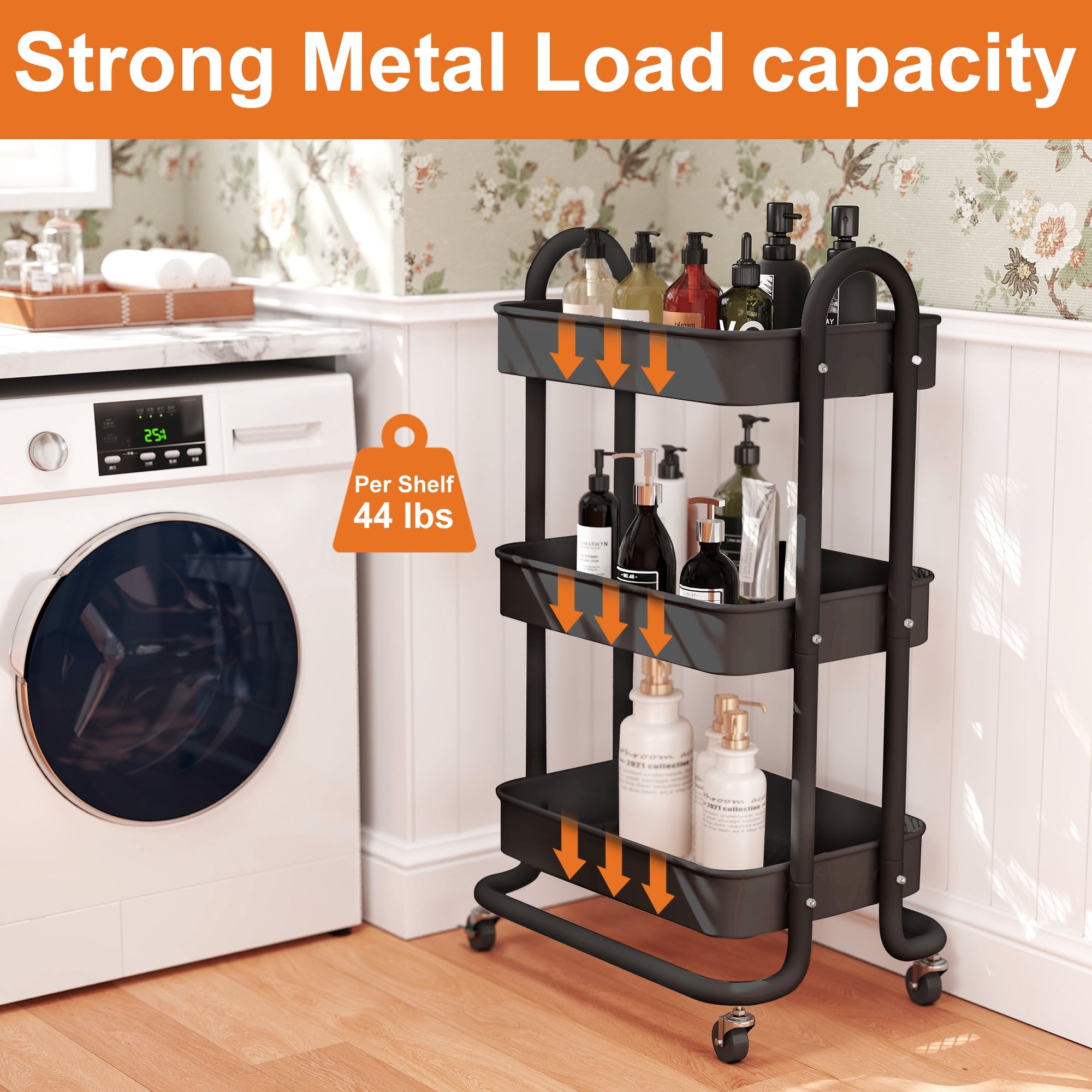 Fenbeli 3-Tier Metal Rolling Utility Cart with Wheels, black, 18L x 13.4W x 31H