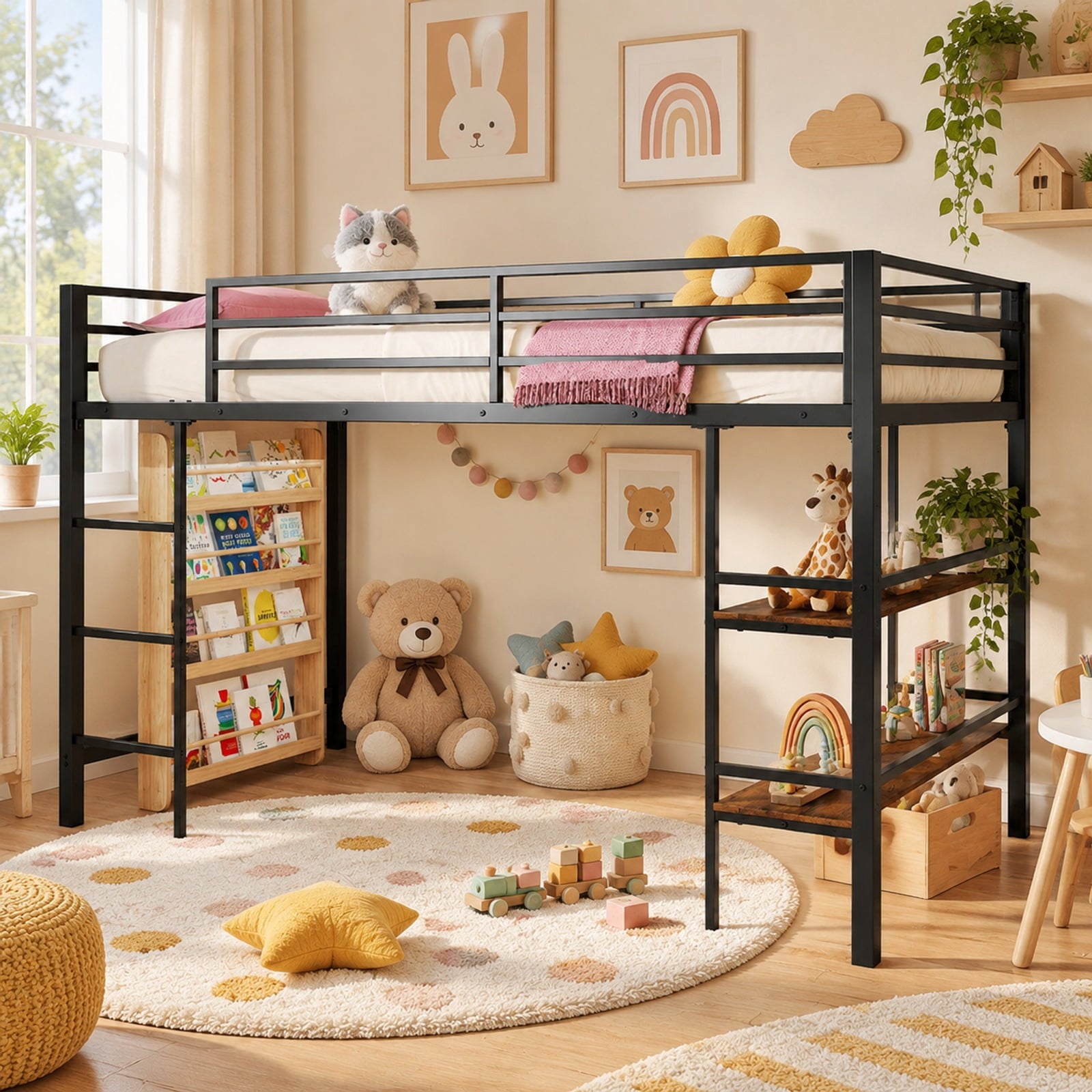 Fenbeli Twin Size Low Loft Bed with Ladder and Storage Shelves Metal Frame for Boys Girls, 485 lbs Capacity, Metal Engineered Wood Frame, Black