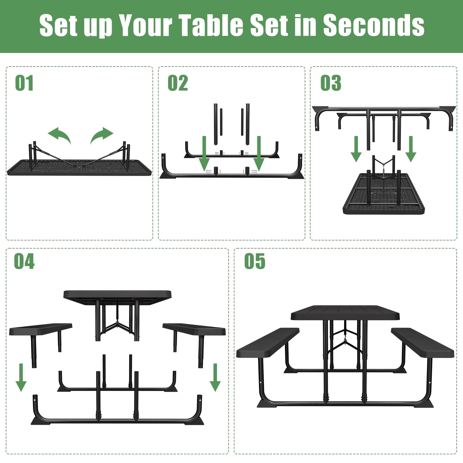 Fenbeli 6-Foot Outdoor Folding Picnic Table, Black