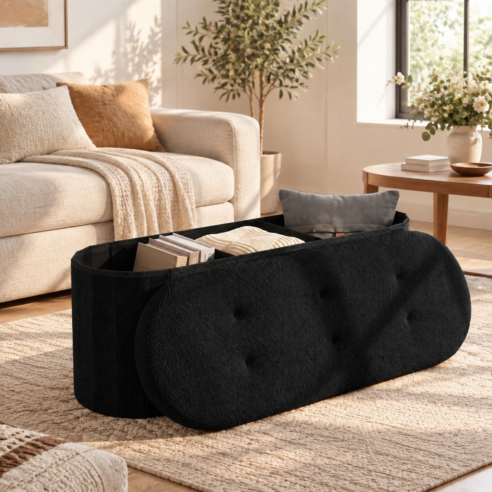 Fenbeli 43 Folding Teddy Storage Ottoman Bench with Dividers for Living Room and Bedroom, 43 x 15 x 16Inner Footprint, Black