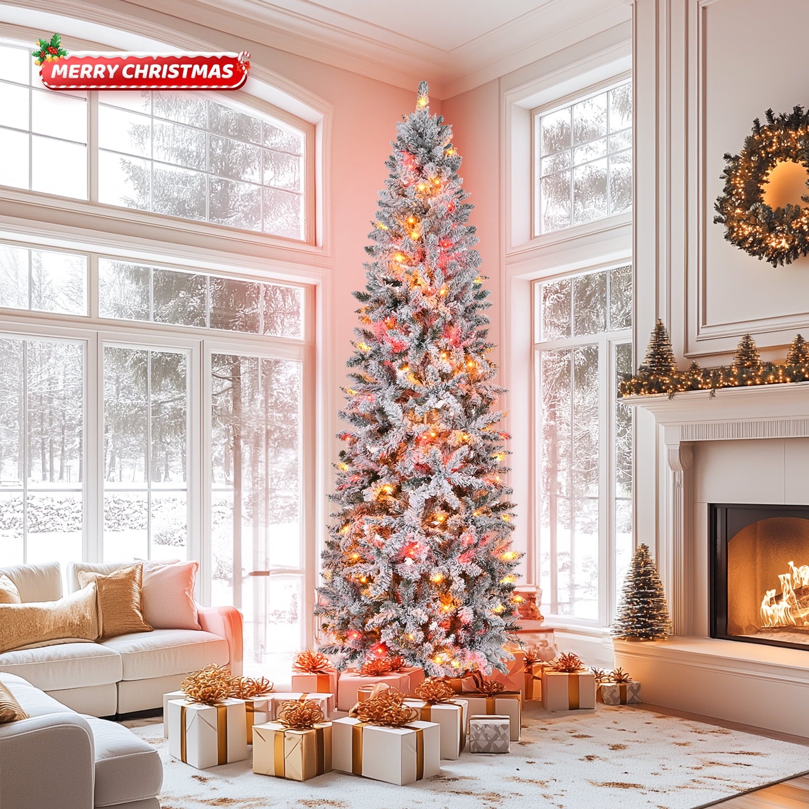 Fenbeli 6ft Pre-Lit Snow Flocked Hinged Artificial Christmas Tree
