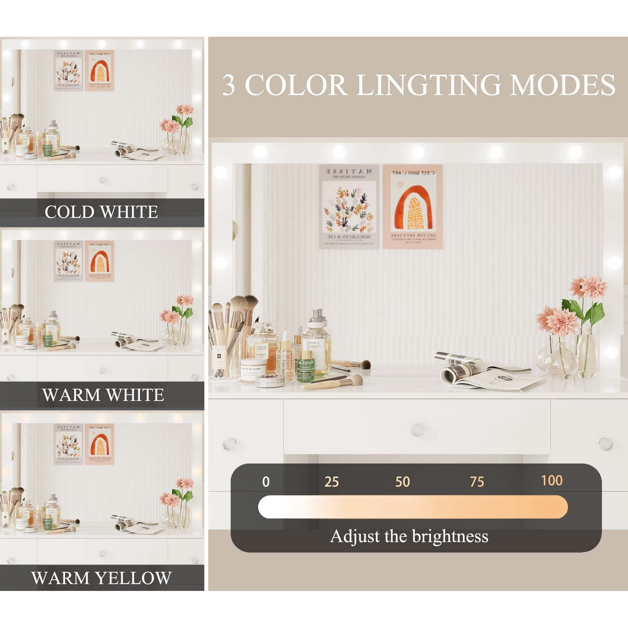Fenbeli Vanity Desk with Mirror, LED Lights Makeup Vanity Table with 7 Drawers for Bedroom Dressing Room, White Finish