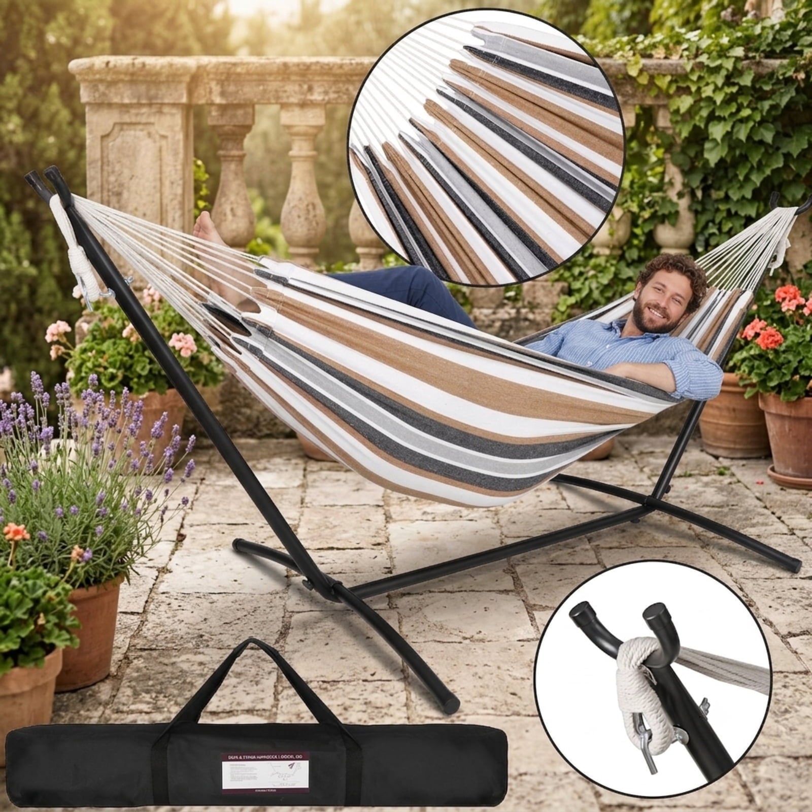 Fenbeli Double Camping Hammock with Stand 2 Person Portable Hammock Bed with Steel Frame and Carry Bag for Backyard Patio Outdoor Poolside, Yellow